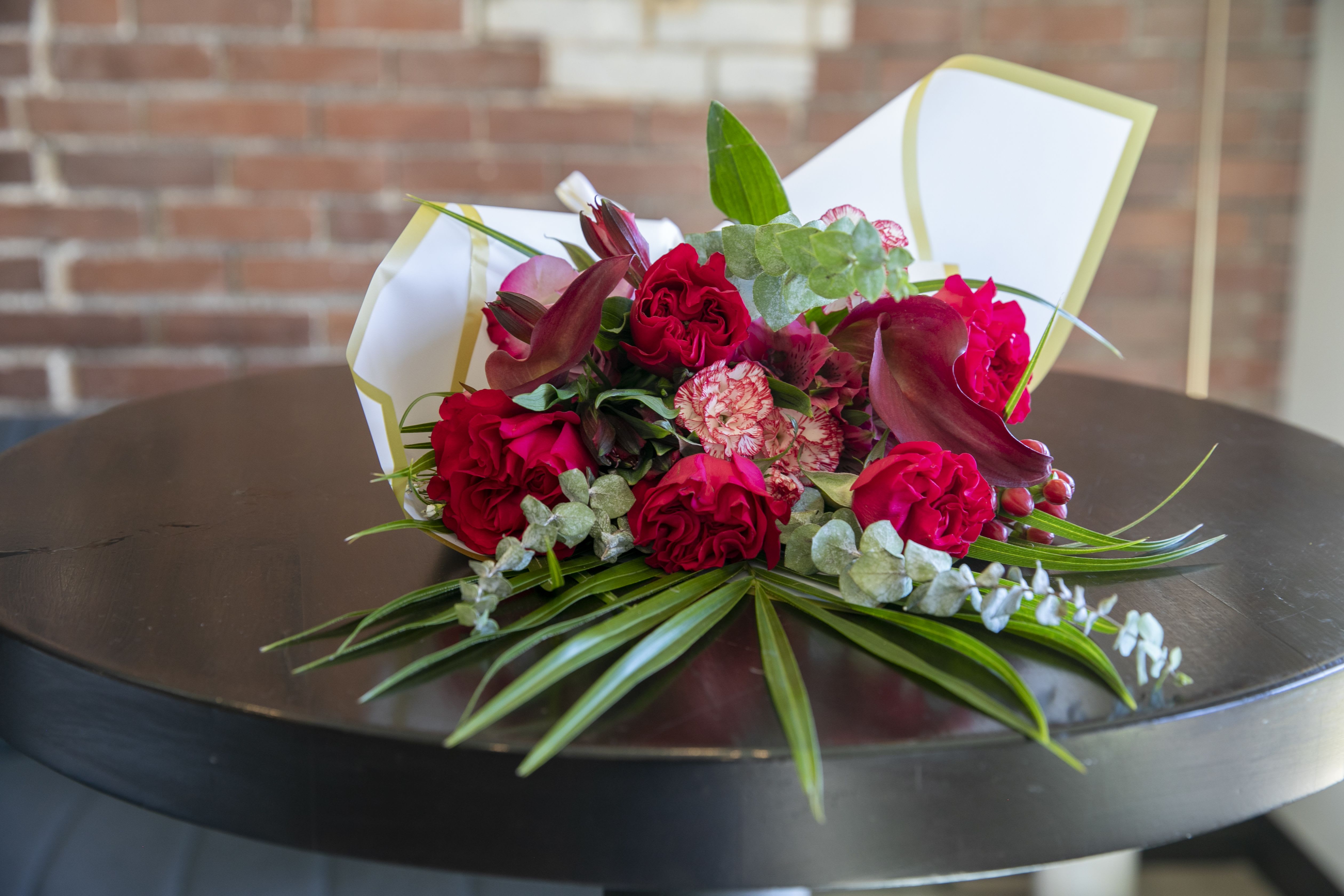 My Valentine bouquet - Beautiful red blooms, Gerber daisy, Rose, Carnation with winter greens leyland pine, eucalyptus-20 stems 