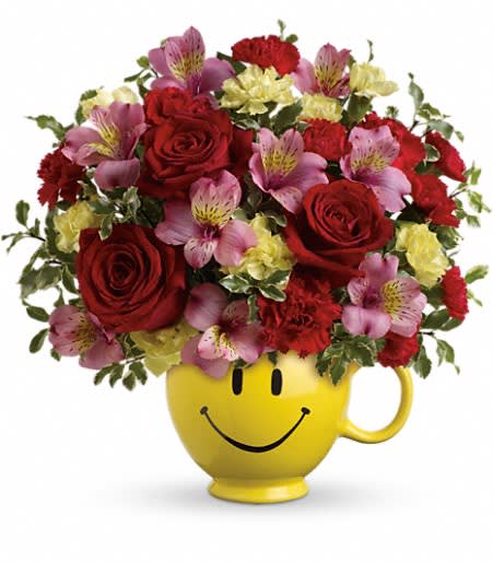 So Happy You're Mine Bouquet - Sure to become their favorite mug for morning coffee, this sweet ceramic design brims with lush red, pink, and yellow blossoms! What a wonderful way to say, "I'm so happy you're mine!" Approximately 12 1/2 inches wide and 12 inches tall for the Standard size.