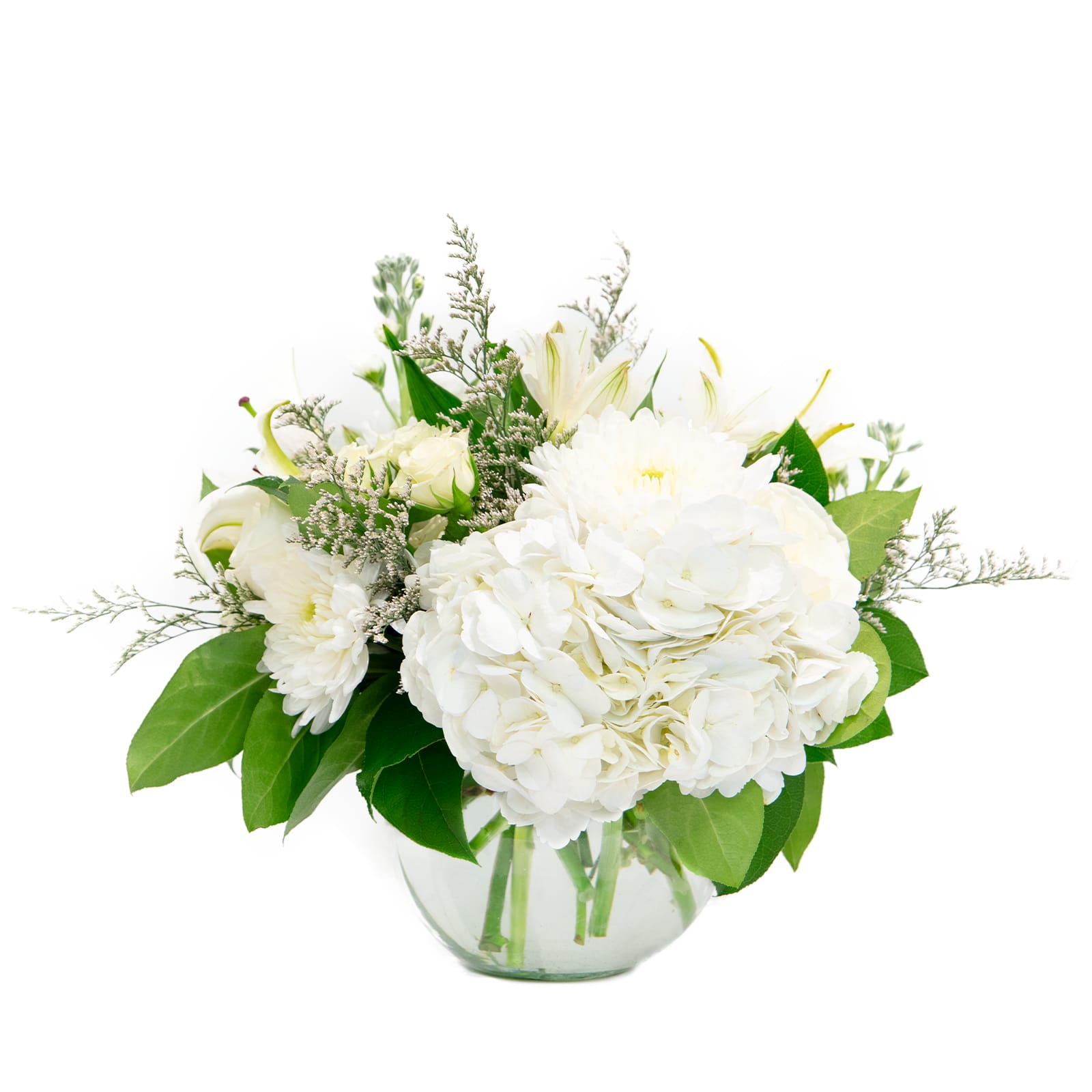 Classy Chic - Desire a floral arrangement designed elegantly in a simple color palette? This arrangement designed in a glass bubble bowl included hydrangea, roses and more in a simple and clean color scheme - so chic!