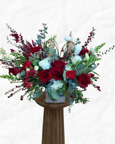 My Perfect Valentine - Assorted selection of blooms. Modern one sided design in a 5x5 white ceramic vase.