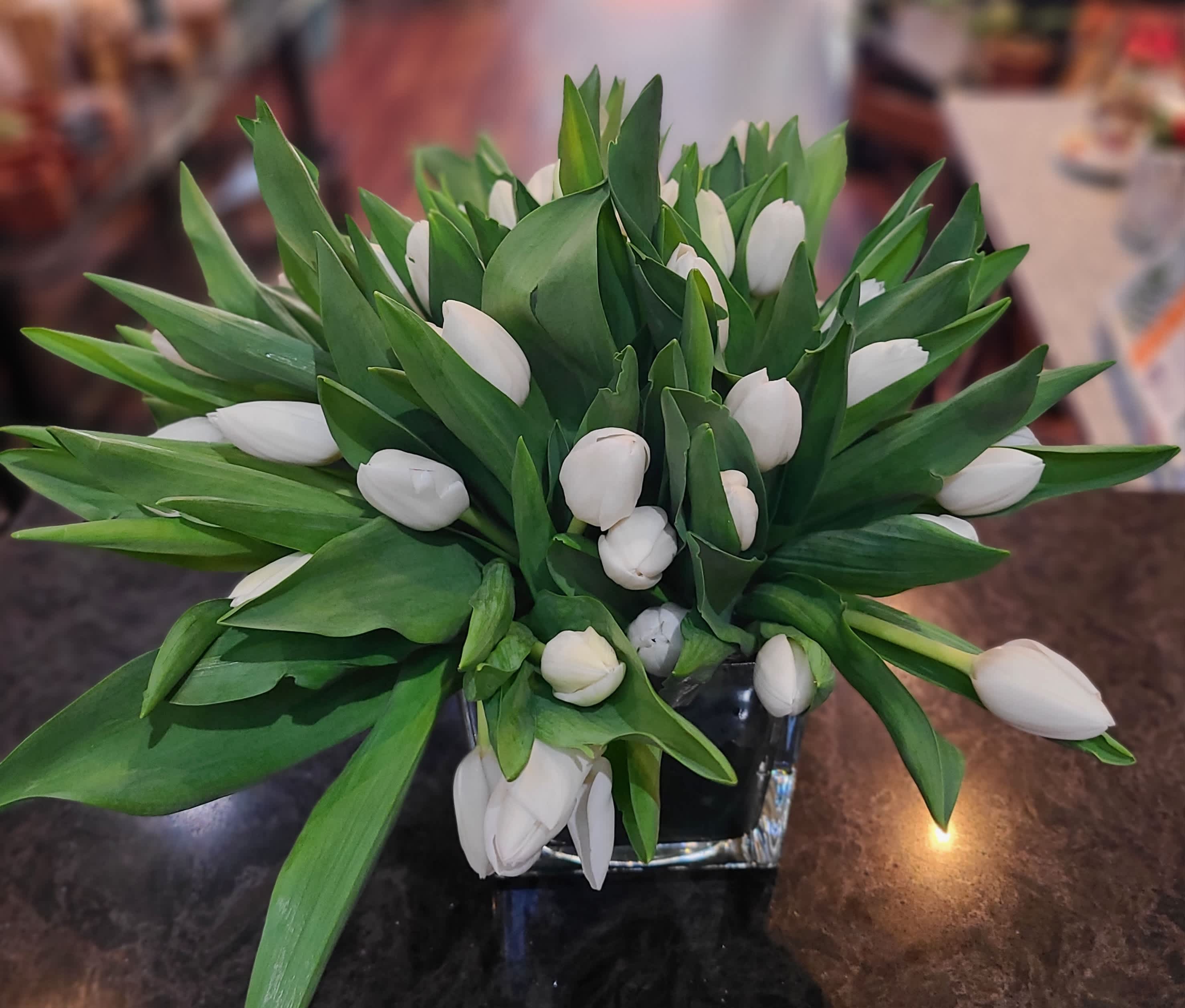 Tulips Tulips Tulips - 50 stunning tulips in a leaf wrapped glass vase. Please specify your desired tulip color upon checkout. If no color is selected we will use the freshest color available.