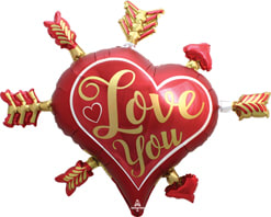 "Love You" Heart and Arrows Mylar - Red heart with arrows going through. "Love you" printed on the mylar balloon.