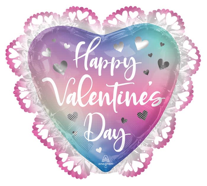 Lacey Happy Valentine's Day Jumbo Mylar - A 23" jumbo mylar in pastel colors with a lace border