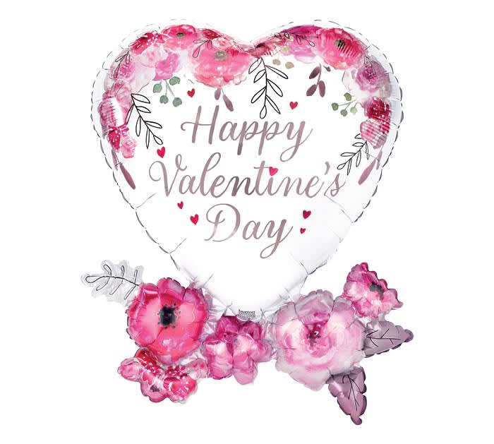 Jumbo Heart Valentine's Mylar - 30" Jumbo white &amp; pink floral mylar balloon that reads "Happy Valentine's Day"
