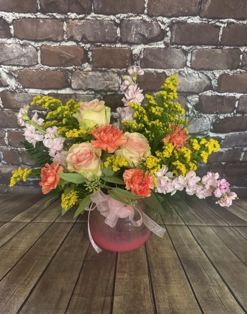 Sweet Memories - A beautiful glass pink ombre vase filled with a vibrant array of Pinks, oranges and yellows. Approx.  17" W x 15" H