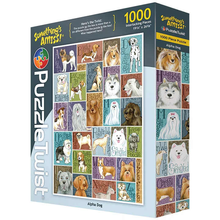 PuzzleTwist - Alpha Dog - Here's the Twist: The puzzle ON the box is more than a bit different from the puzzle IN the box.  What happened here?  About the Artist: Unleash an A-to-Z adventure of adorable dog breeds in this lively alphabet puzzle! From Alaskan Malamute to Zuchon, each pup is playfully illustrated by artist Krista Hamrick, known for her colorful and whimsical style. A tail-wagging challenge for dog lovers and puzzle fans alike!