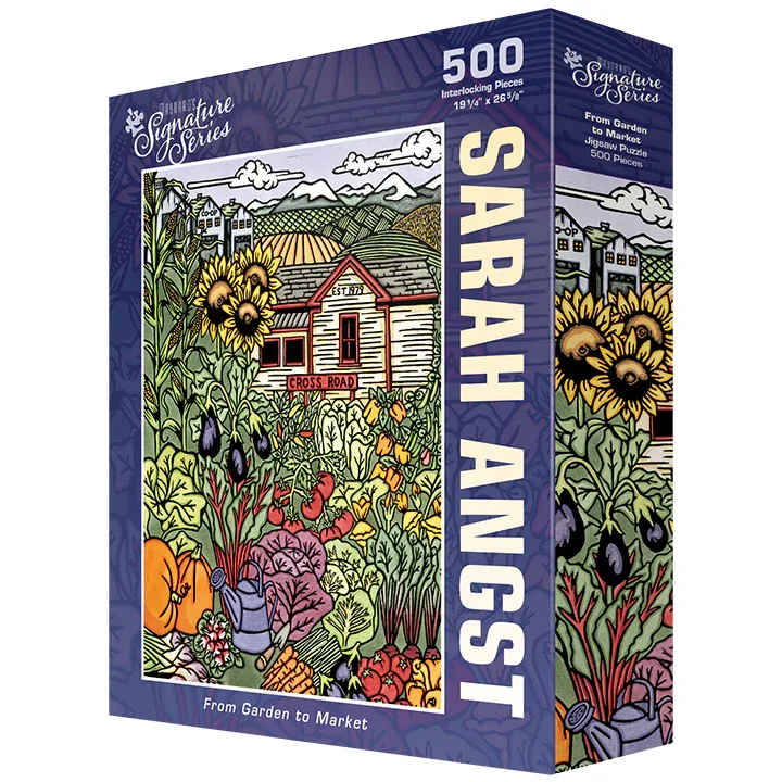 PuzzleTwist - From Garden to Market - Maynard's Signature Series:   Premium quality jigsaw puzzles... featuring local artists!  About the Artist: Step into the quiet charm of country life with From Garden to Market, an inviting jigsaw puzzle featuring the bold, hand-painted style of Montana artist Sarah Angst. Known for her vibrant linocut prints, Sarah captures the simple beauty of a rural garden scene with a farmhouse backdrop. Her work celebrates nature, nostalgia, and the joy of slowing down — one piece at a time.
