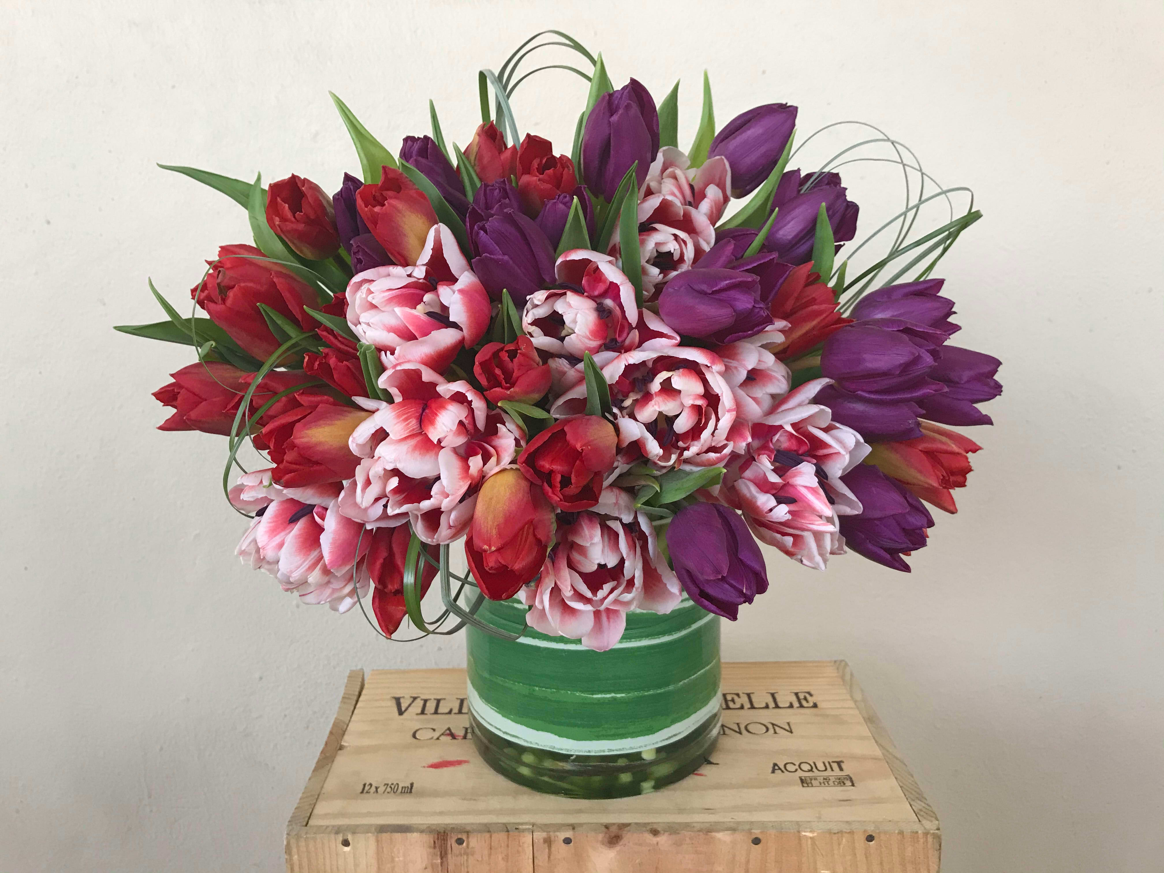 Rainbow Beauty - Mixed colors Tulips in 6” glass vase 