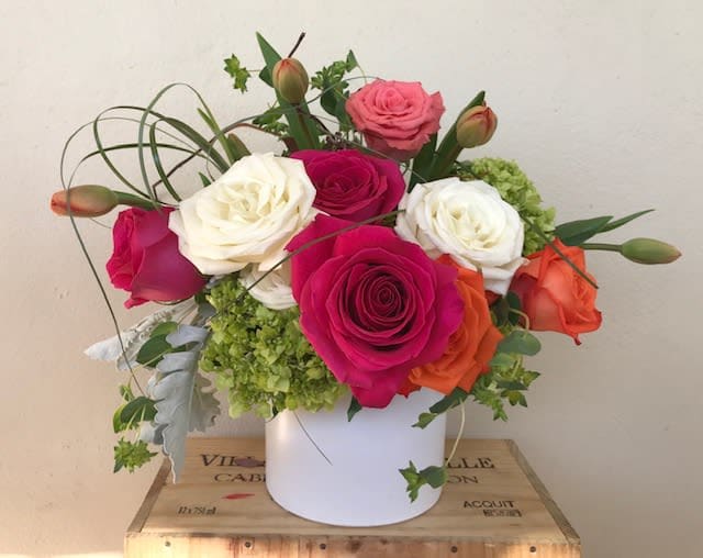 Florida Garden  - Roses , Hydrangeas , Tulips in ceramic 6” container or 6x6 glass vase