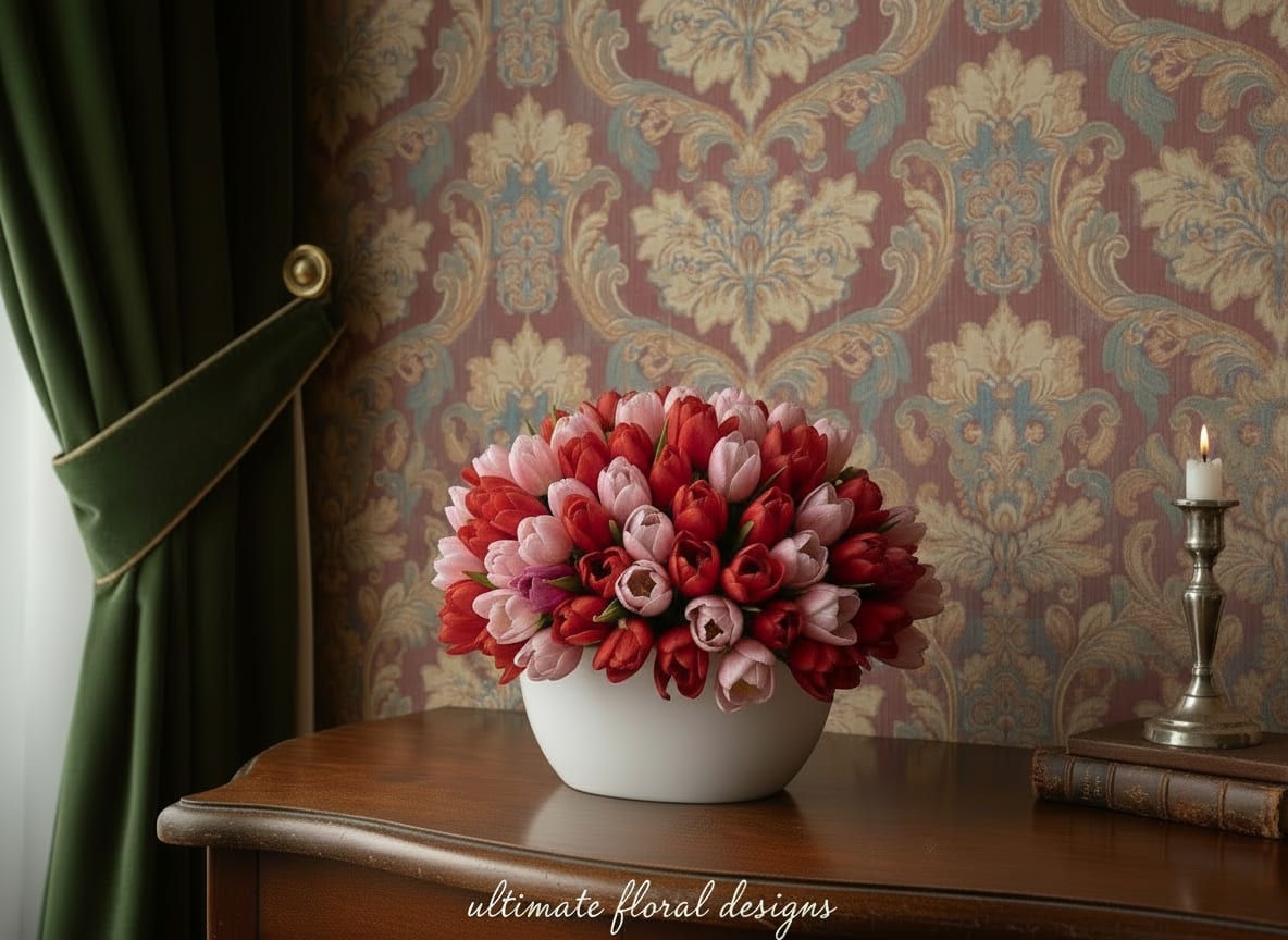 Maison Rouge - A luxury tulip arrangement featuring premium blush and red tulips, artfully designed in a modern white ceramic bowl. This elegant centerpiece is inspired by European floral design and handcrafted with fresh, high-quality blooms for a full, sculptural look. Created with care by Ultimate Floral Designs, it is perfect for refined interiors, thoughtful gifting, and meaningful everyday moments.