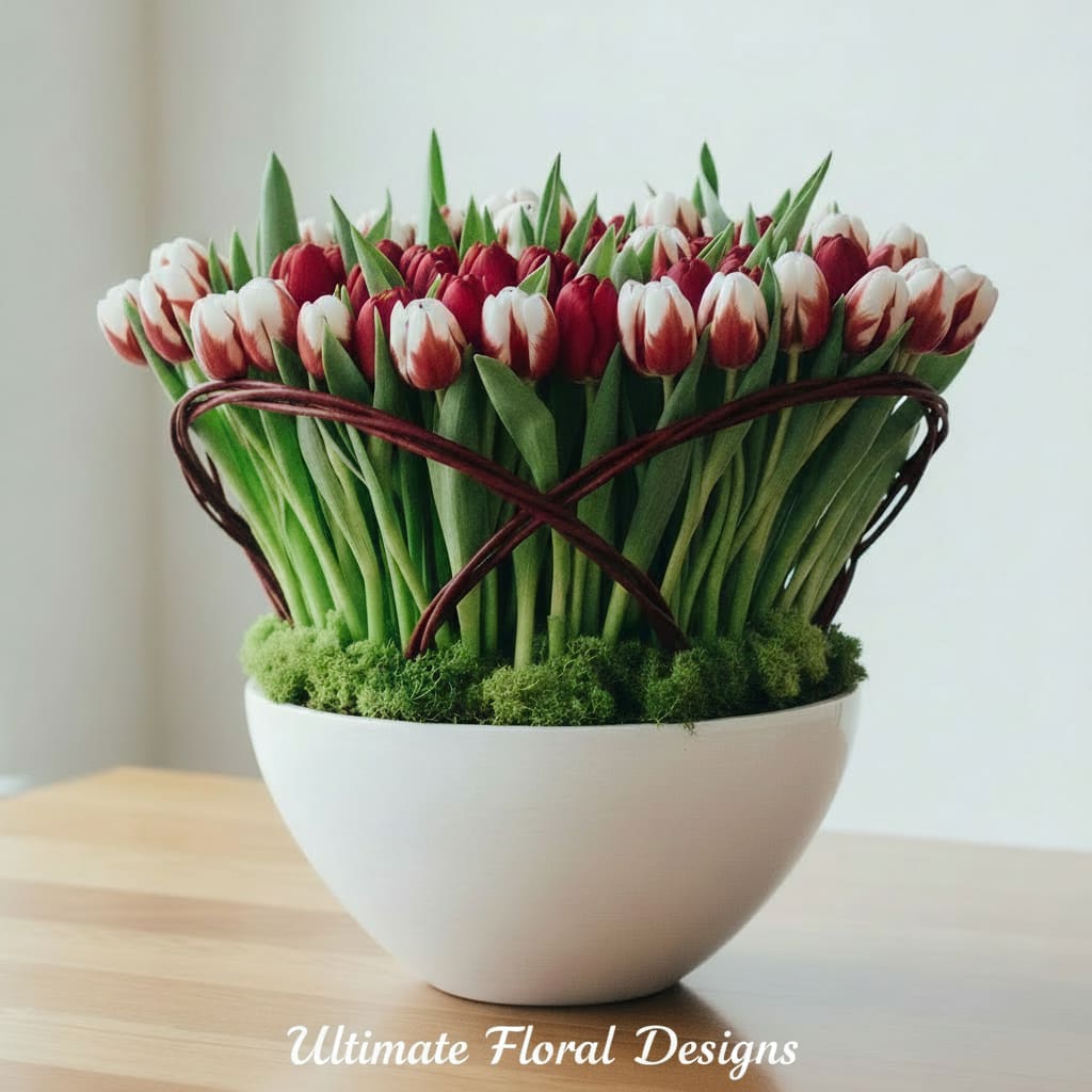 Luxury Red &amp; White Tulips - A luxury arrangement of premium red and white tulips, designed with natural moss accents for a refined, sculptural look. Tulip varieties may vary based on seasonal availability. Handcrafted with care by Ultimate Floral Designs, this elegant tulip arrangement is ideal for sophisticated interiors, thoughtful gifting, and timeless everyday beauty.