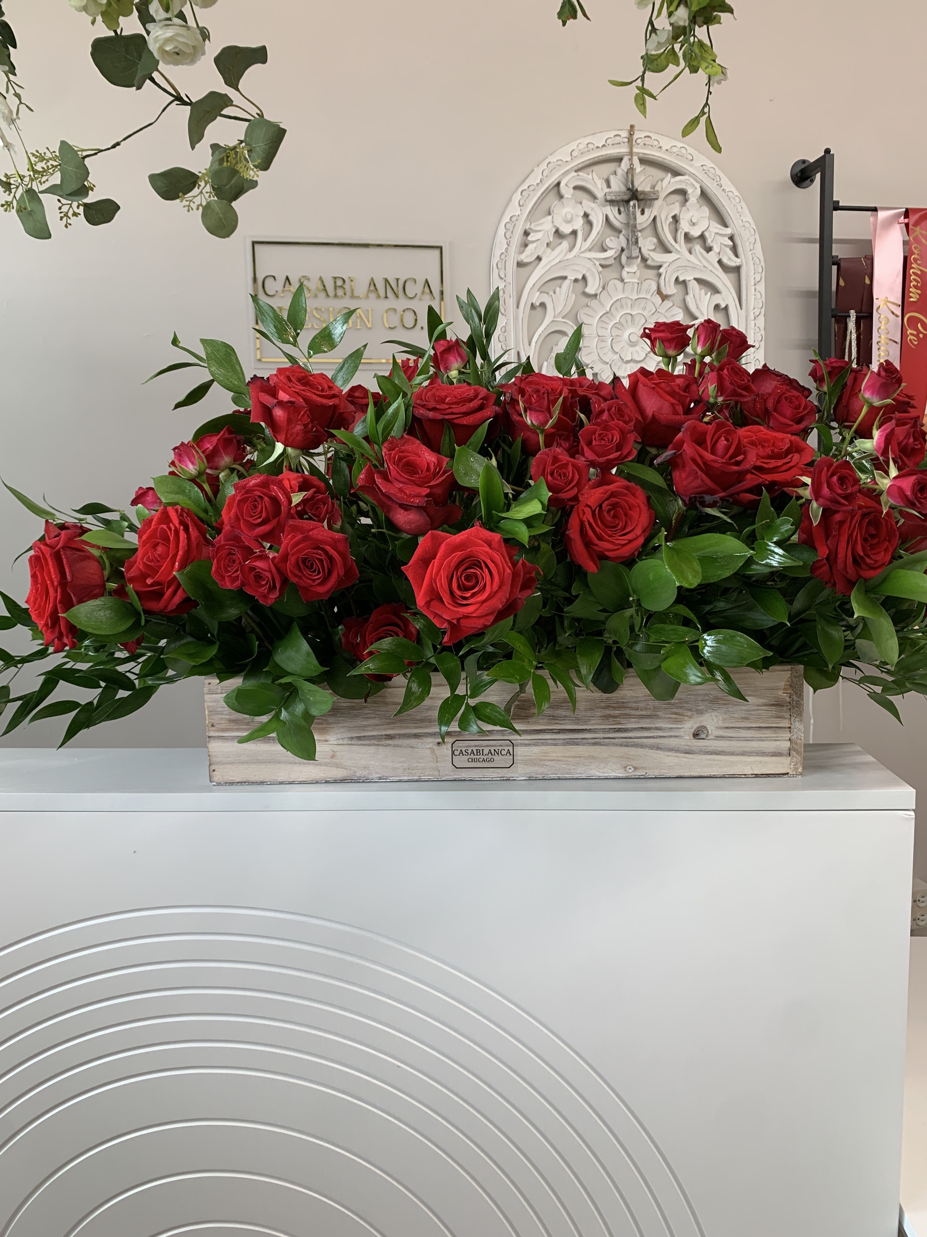 Love of My Life Centerpiece  - Red roses in a long wooden box. Perfect for taking over her island or table. 