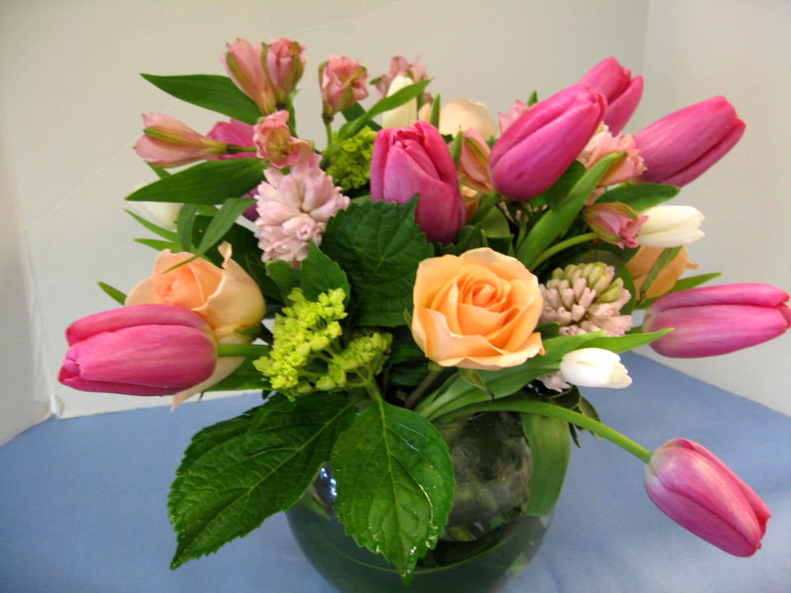 Dancing Tulips - Assorted Color Tulips, Assorted Color Premium Roses, Hyacinths(Seasonal) , Alstromeria., fancy Greens