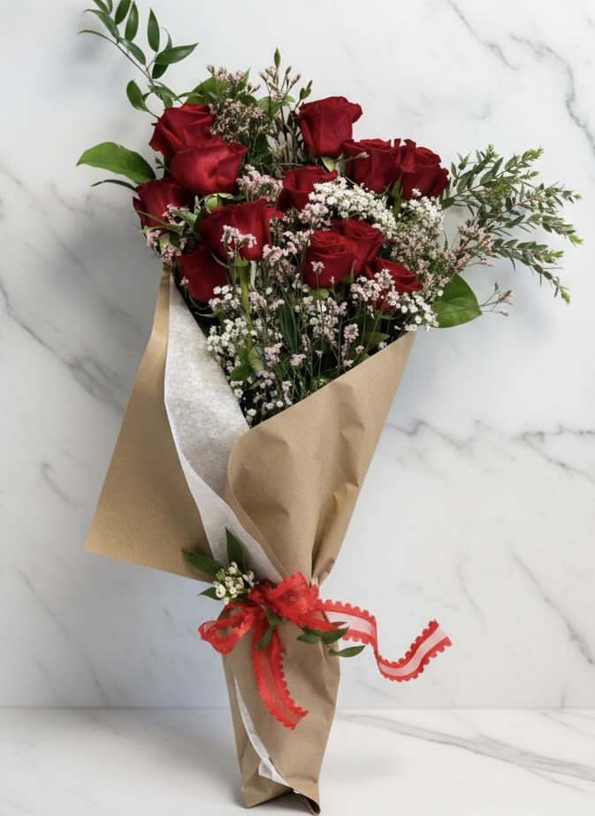 1 DOZEN WRAPPED ROSES - 1 dozen premium roses with accent flowers and filler. ready for your vase