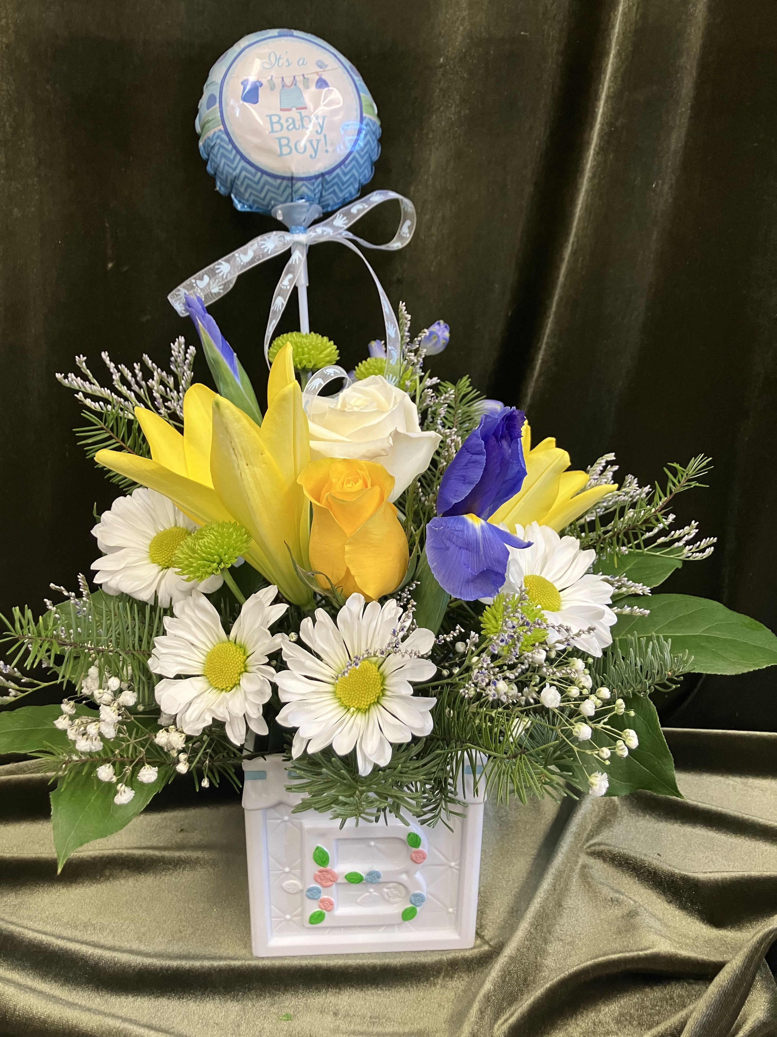 B is for Boy - Baby boy flower arrangement in a cube “block” container, bright yellows, whites and blues to celebrate a new baby boy! 