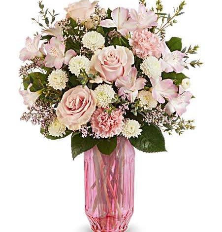 Chérie Bloom Bouquet - Soft, sweet, and effortlessly romantic, Teleflora's Chérie Bloom Bouquet captures the gentle side of love with pink roses, alstroemeria, and carnations in a radiant pink glass vase-a tender Valentine's Day surprise that says je t'aime beautifully.