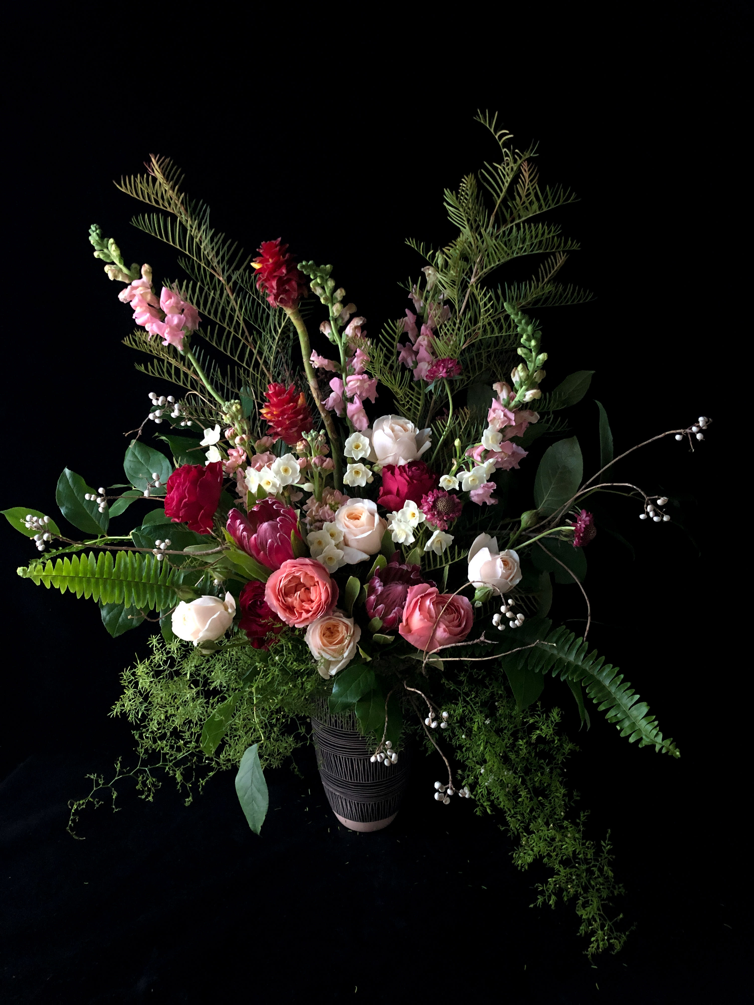 Big, Big, Love  - A large, breathtaking arrangement full of fragrant Garden Roses, Protea, Scented Stock, Snapdragons, and many other charming elements. You can gaze at this one for awhile and still find something you have not seen before. Our Big, Big Love makes a statement! We send a photo of the actual flowers sent out, so you can see what unique beauty you have brought to your loved one.   **Please Note** We make delivery arrangements with the recipient prior to delivery.  Our top priority is getting your perishable gift safely into the hands of your lucky recipient. We have found even with advance notice, the person receiving beautiful flowers is surprised and delighted upon seeing them for the first time.  We typically deliver between 1-5pm.  -Thank you, California Sister