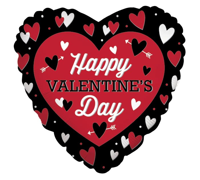 Black &amp; Red Valentine's Mylar - Standard sized mylar balloon that reads "Happy Valentine's Day" and is covered in red, white &amp; black hearts