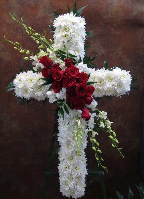 White Cross with Red Roses (SY-25) - Roses, Spider Mums &amp; Orchids. 
