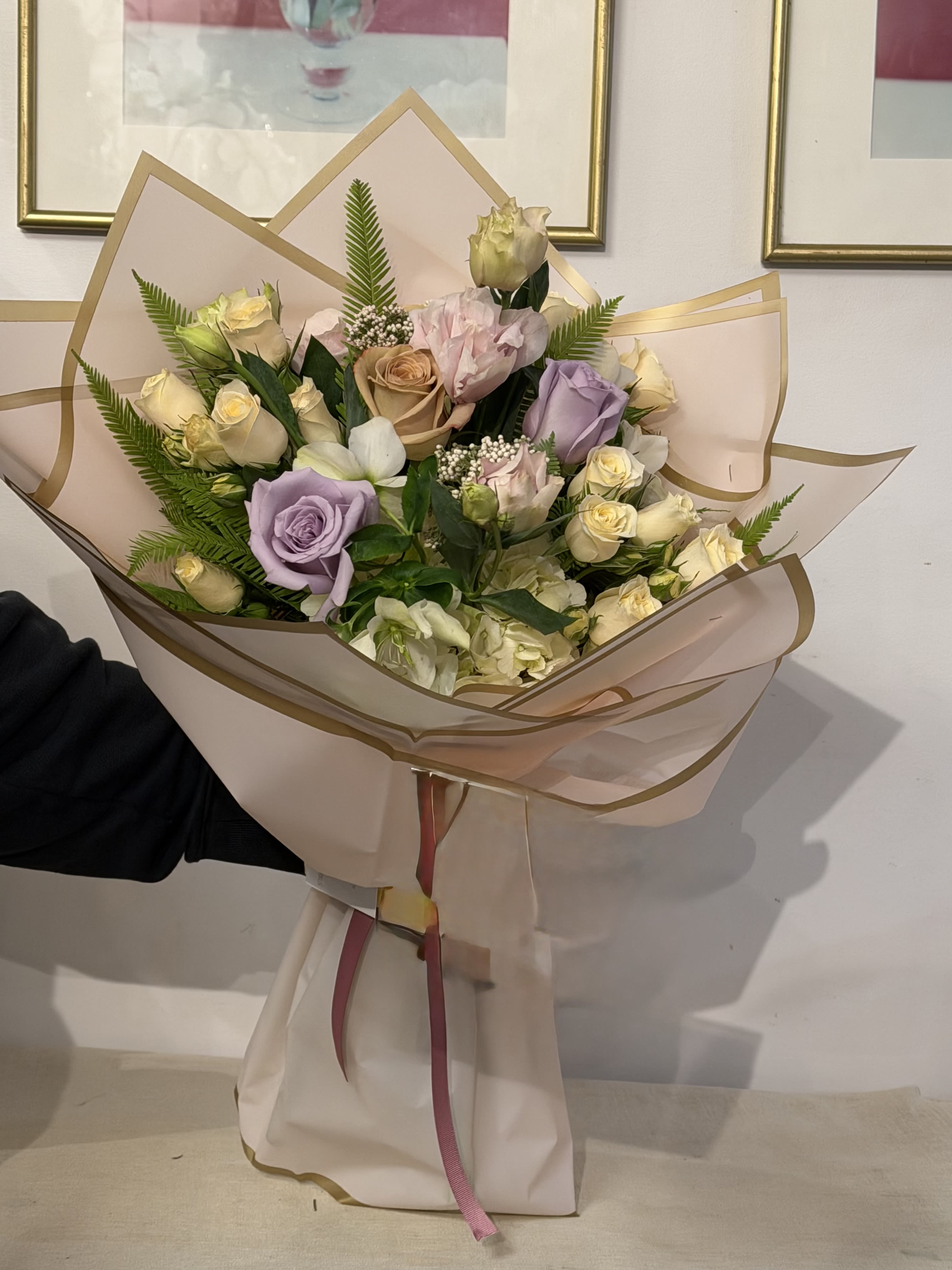 BOUQUET  - a mix of flowers with a beautiful paper clip, you can tell us the color you would like the paper to be   blue   pink   white   brown   red   green   purple   cream  ********does not include glass vase*********