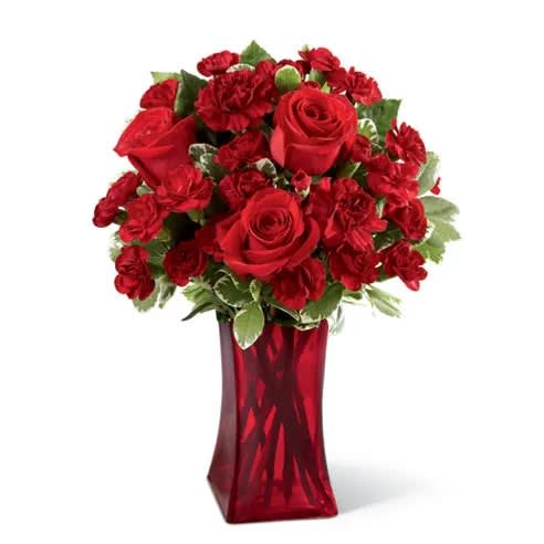 You're my Heart - 3 red roses, red carnations and red mini carnations arranged with variegated pittosporum in a beautiful red vase