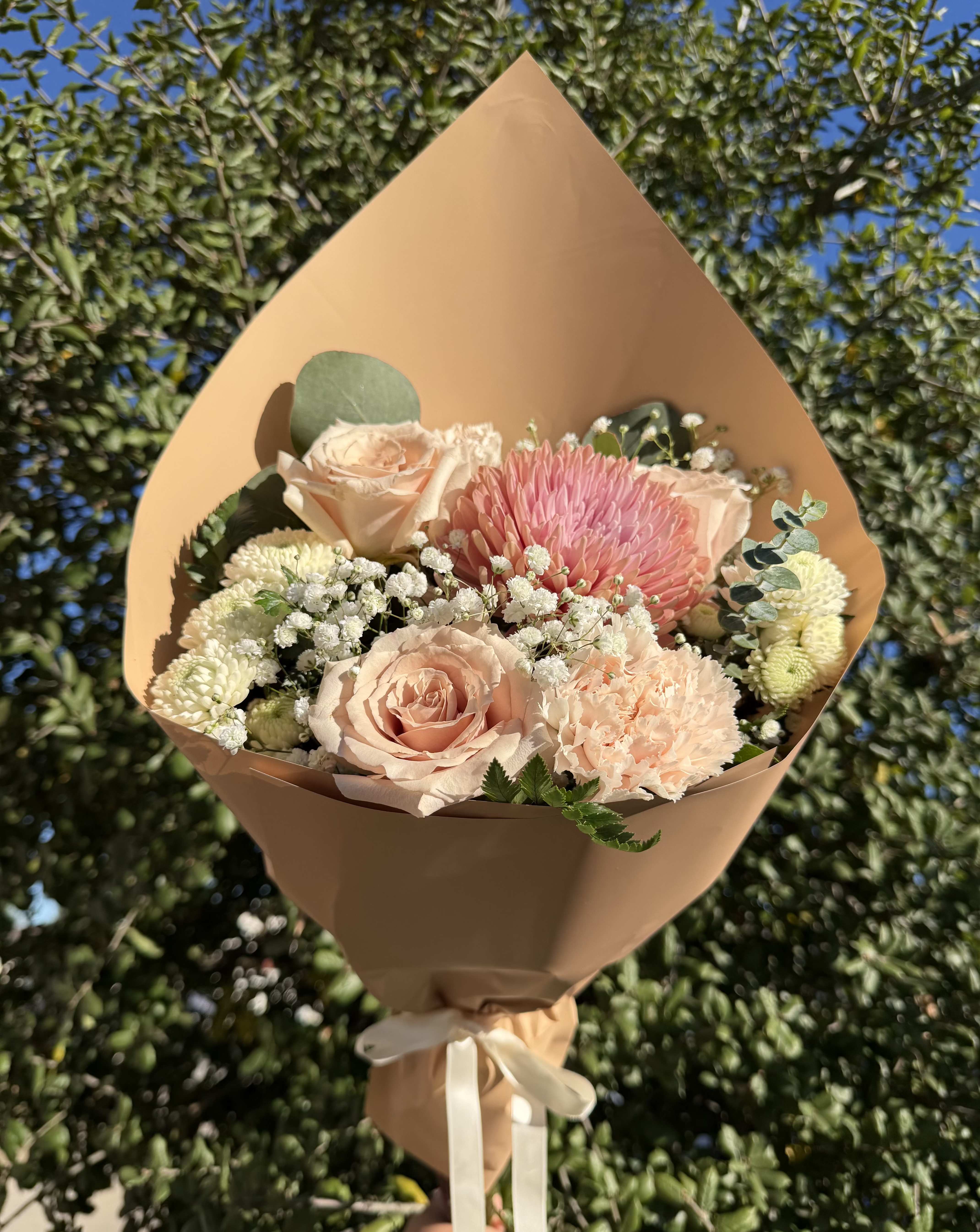 Oatmeal Bundle - Handheld bouquet with a mix of soft earthy blooms. Wrap color may differ.