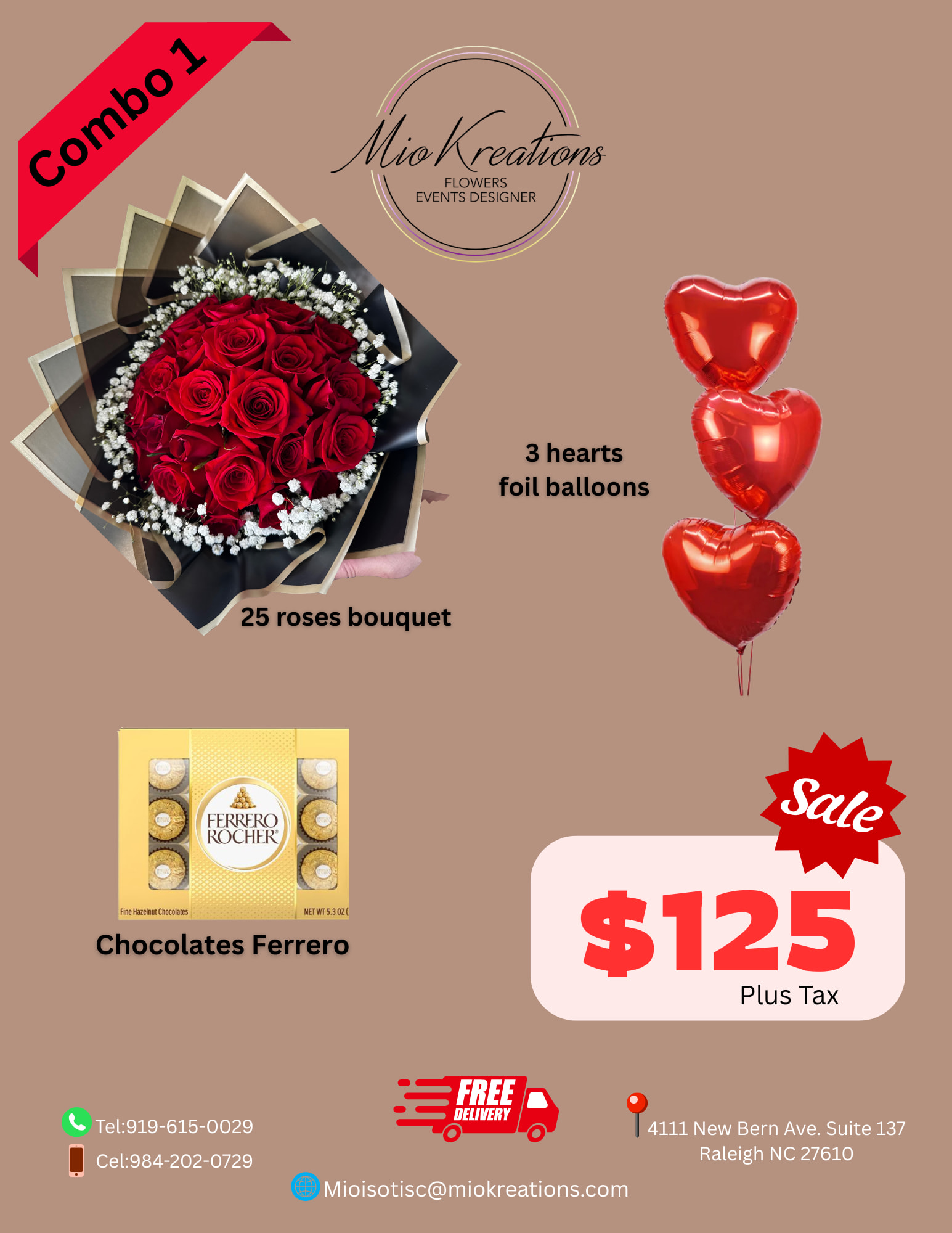 Combo MK silver  - BEAUTIFUL BOUQUET OF 25 ROSES (YOU SELECT THE COLOR), 3 HEARTS RED-WHITE-PINK BALLOONS, FERRERO ROCHELL CHOCOLATE BOX 12 