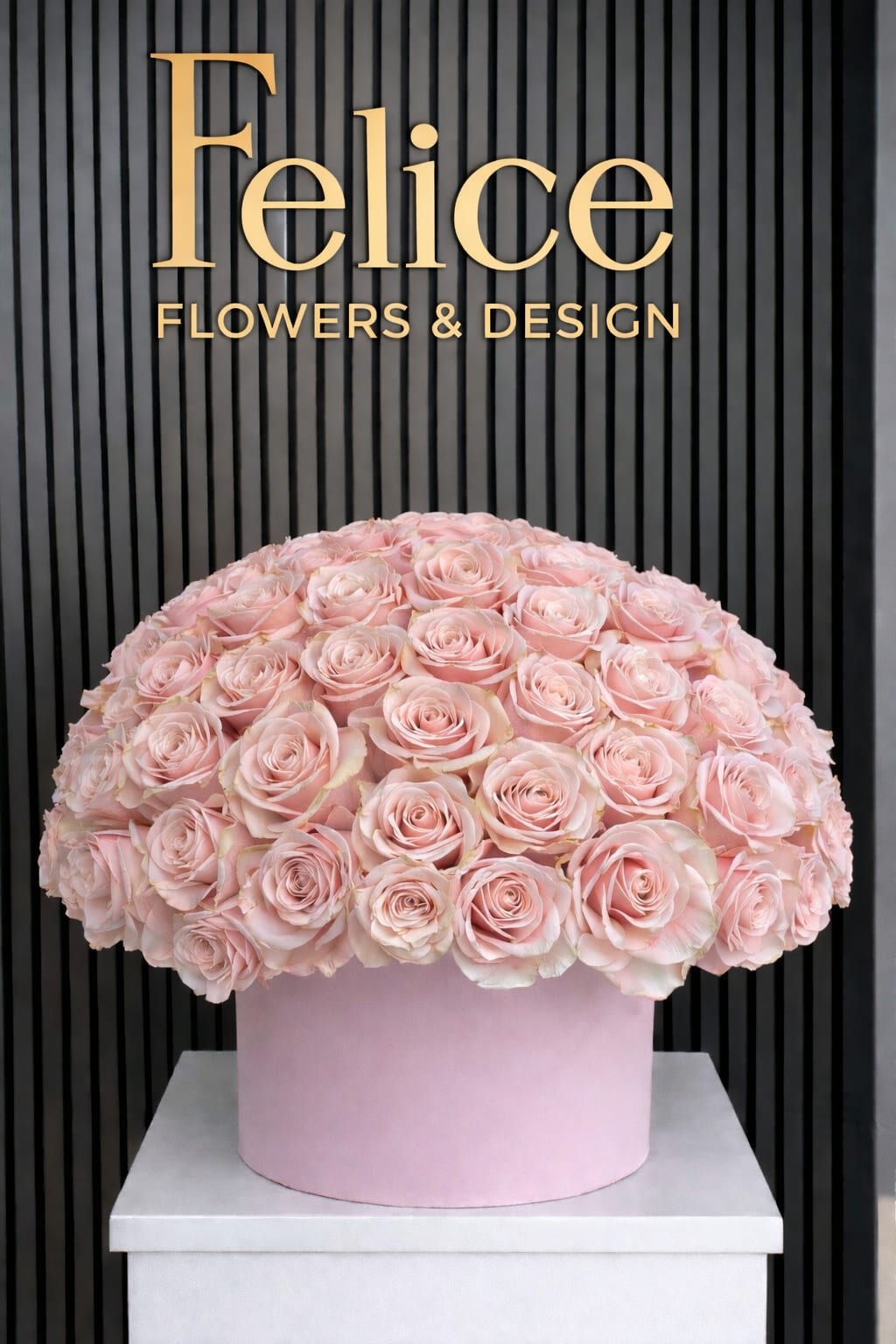 Blush Pink Rose Luxury Hatbox - A refined luxury hatbox arrangement featuring premium blush pink roses arranged in a full, elegant dome for a soft and romantic look. Perfect for Valentine’s Day, anniversaries, birthdays, and luxury gifting. Handcrafted by our Los Angeles florist using premium roses and available for same-day flower delivery.