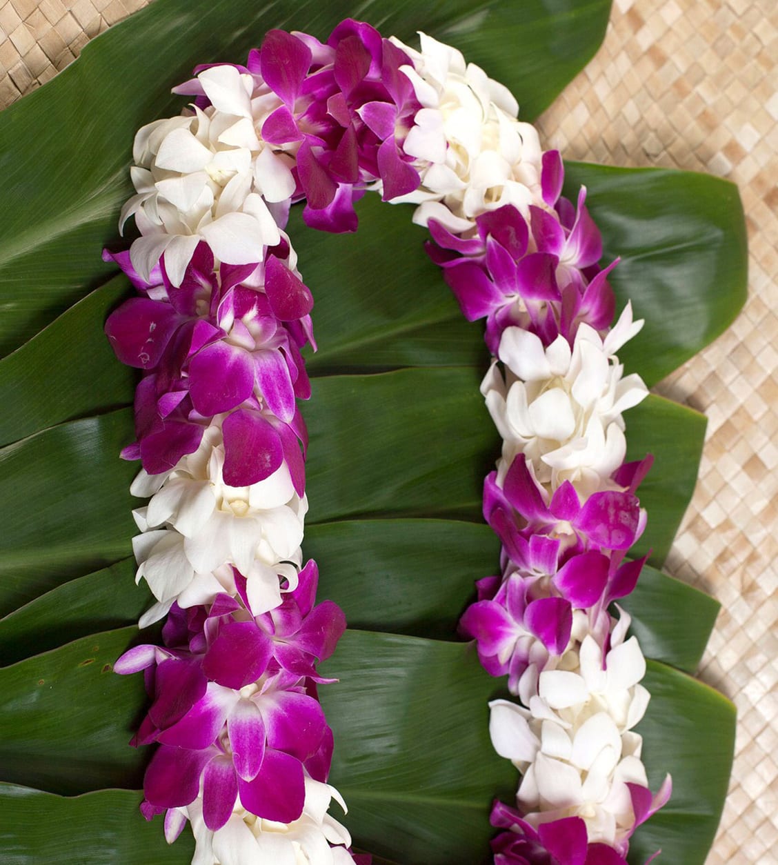 DOUBLE MIX LEI (CMC) - DOUBLE MIX BOMBAY &amp; WHITE--WHITE AND PURPLE DENDROBIUM ORCHIDS.