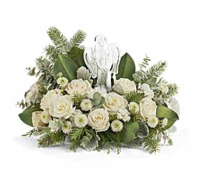 Light Of Love Bouquet - Light of Love Bouquet offers a serene expression of the season. Elegant white roses and winter greens surround with this keepsake Crystal Angel-perfect for any sympathy, or spiritual décor. Light of Love Bouquet includes white roses, white carnations, white miniature carnations, and white button spray chrysanthemums. Accented with dusty miller, spiral eucalyptus, magnolia leaves, cedar, and Douglas fir and a Crystal Angel for non winter months cedar, and Douglas fir will be replaced with regular greenery. 
