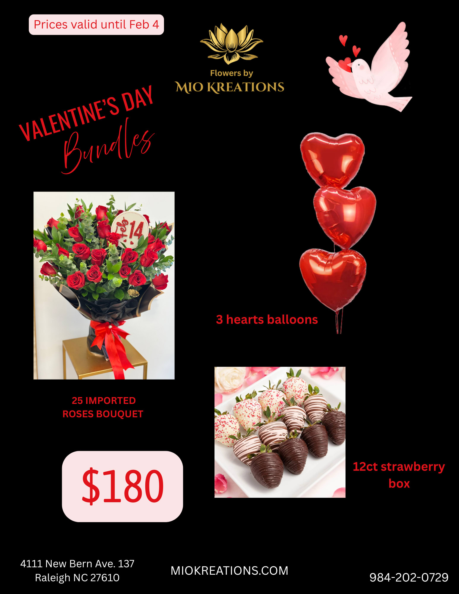 VALENTINE’S COMBO 1 - BOUQUET, STRAWBERRY BOX 12 CT AND 3 HEARTS BALLOONS