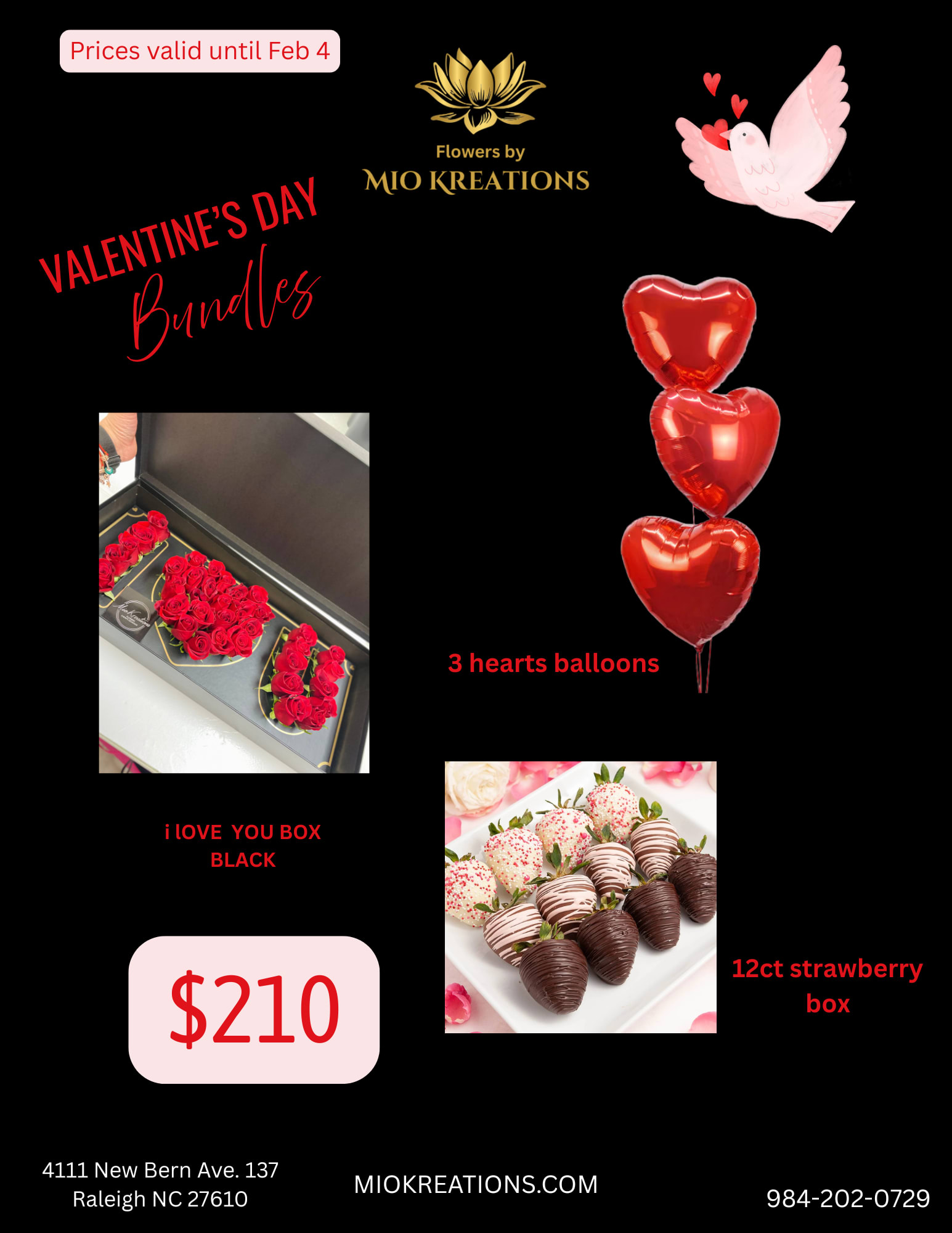 VALENTINE'S COMBO 2 - BEAUTIFUL I LOVE YOU BOX, 3 BALLOONS HEARTS AND 12CT STRAWBERRY BOX.