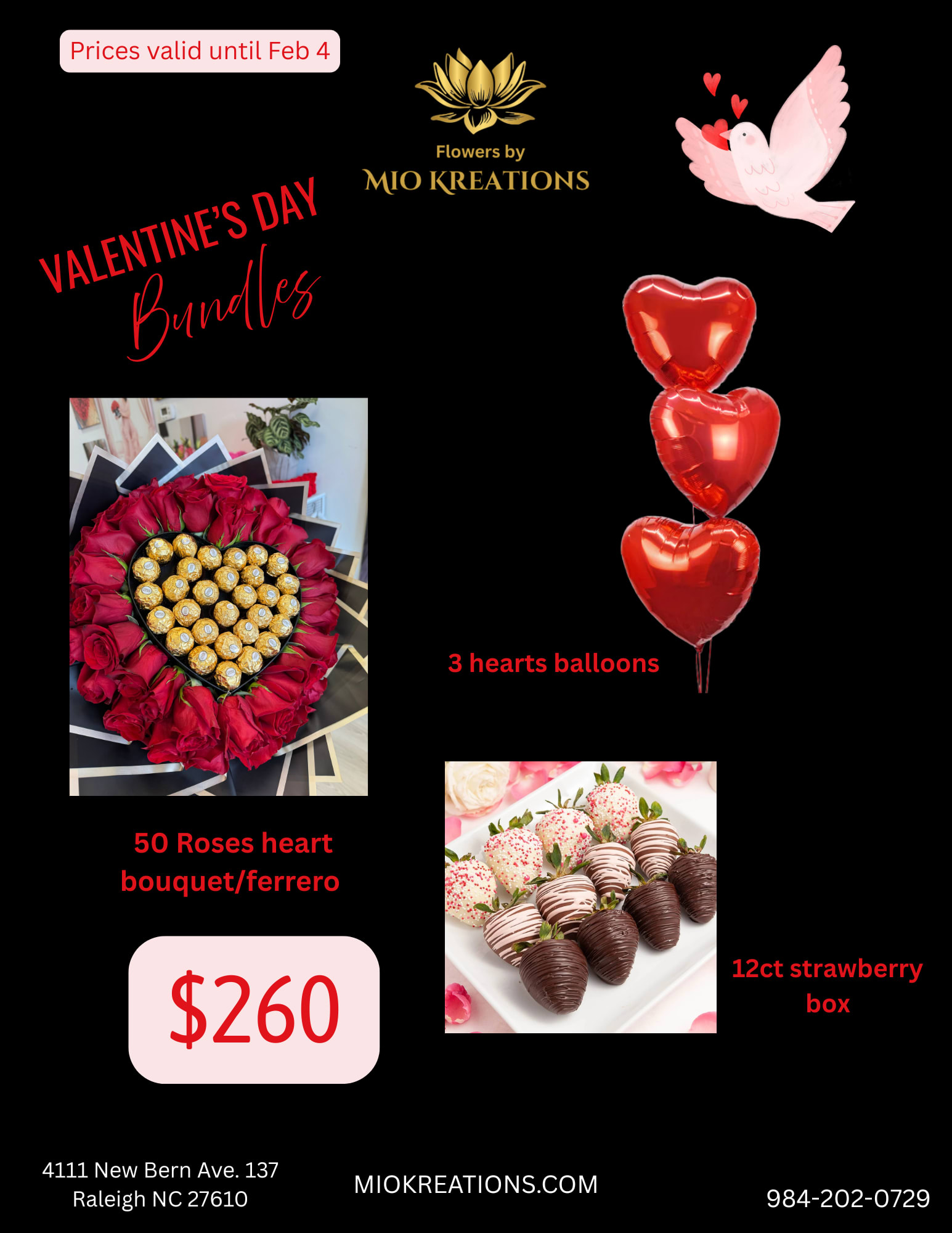 VALENTINE'S COMBO 3 - HEART ROCHELL IN 50 ROSES BOUQUET, 3 HEARTS BALLOONS, 12CT STRAWBERRY BOX