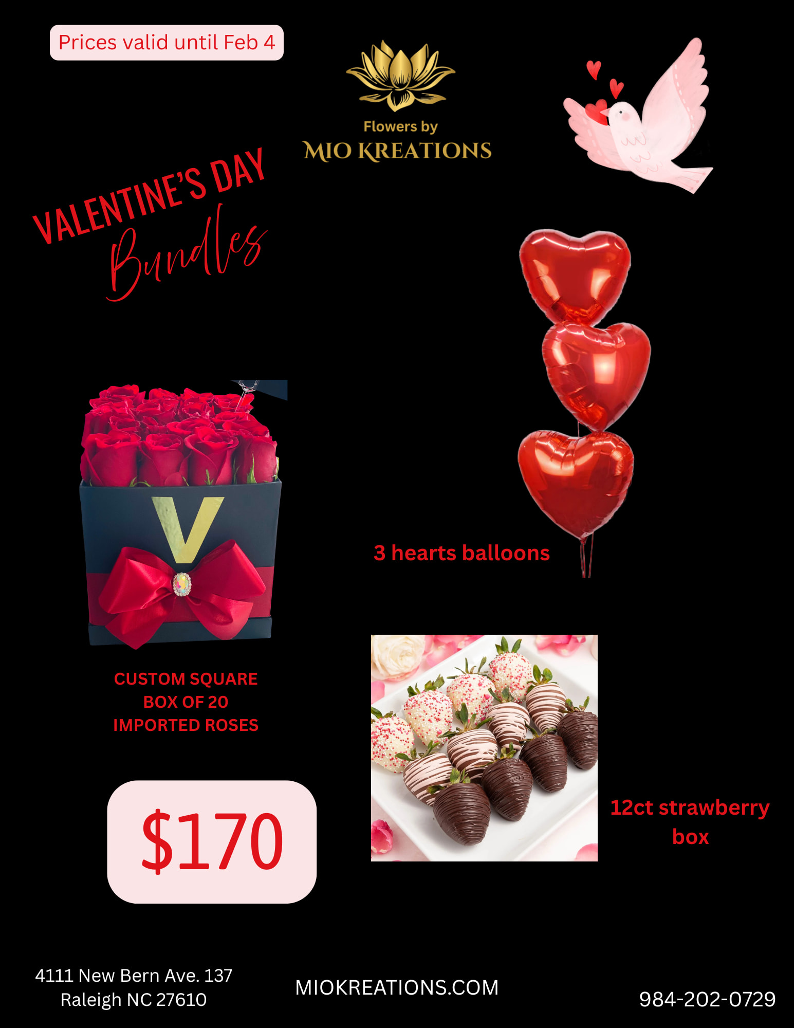 VALENTINE'S DAY COMBO 4 - SQUARE BOX BLACK OR WHITE CUSTOM INITIALS, 20 ROSES, 3 HEART BALLOONS AND 12CT STRAWBERRY BOX.