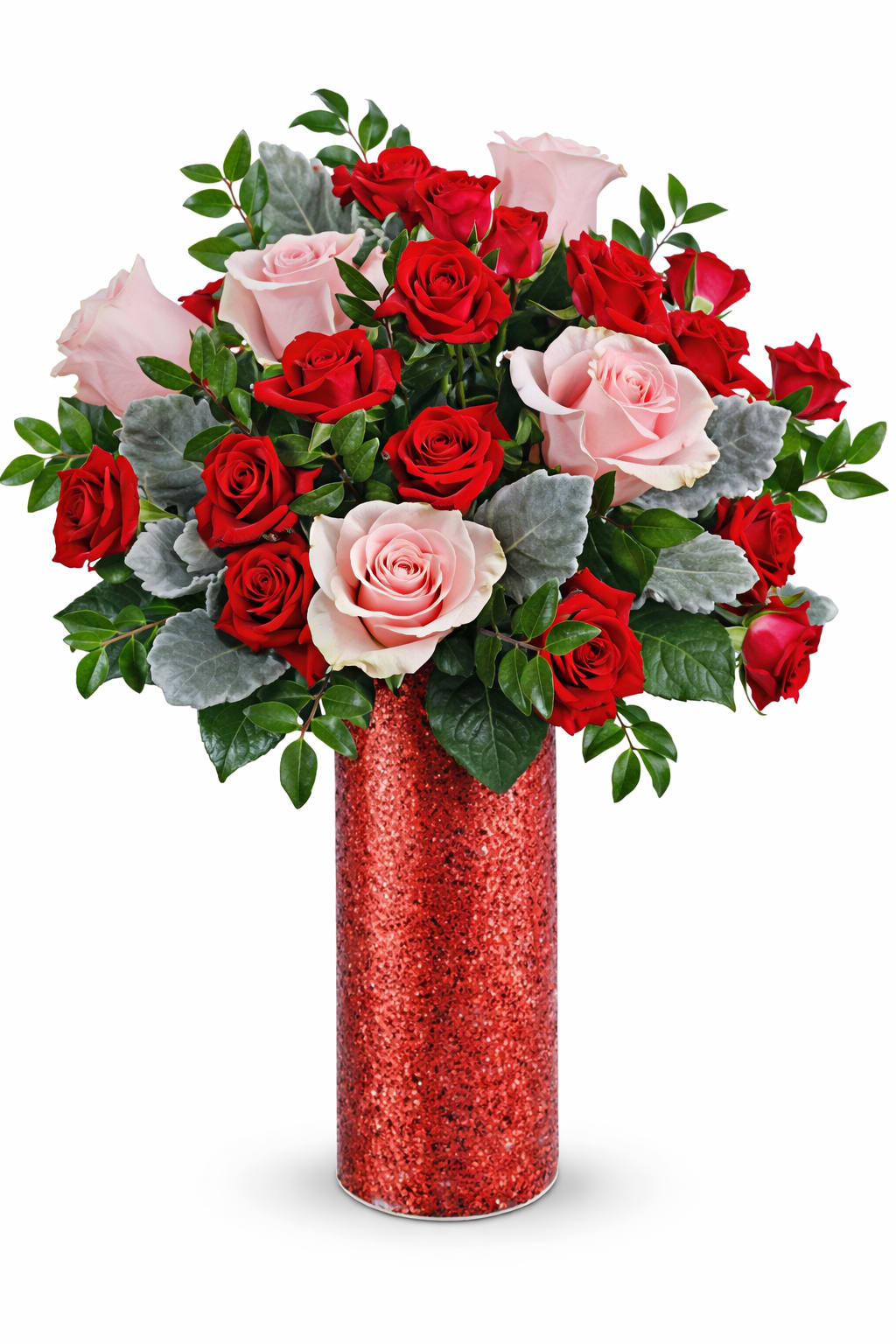 Boldly Beautiful Flower Bouquet - Red &amp; Blush Rose Arrangement in a Red Glitter Vase  This striking rose arrangement features a lush mix of rich red roses and soft blush pink roses, artfully arranged with fresh greenery and silvery dusty miller in a tall red glitter cylinder vase. The bold red and soft pink color combination symbolizes love, romance, and admiration, making this arrangement a stunning statement piece.  Perfect for Valentine’s Day, anniversaries, romantic gestures, or special celebrations, this rose arrangement delivers elegance and impact. Designed by our professional florists, the sparkling red vase adds a modern, festive touch that elevates any home or office décor.  Available for local flower delivery and same-day delivery when available, this red and blush rose arrangement is a beautiful way to express love and appreciation.