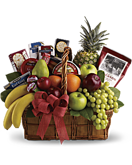  Gourmet Basket - Give the gift of good taste! Send this gourmet gift basket of fruit and snacks to a gracious hostess, busy new parents, to express your condolences or to anyone who appreciates the finer things in life. Hand selected and delivered the basket is filled with delicious fruit and tasty treats. Apples, pears, oranges, grapes, bananas and pineapple are presented with cheese, crackers, tea and other savory snacks in a beautiful basket trimmed with seasonal ribbon. 