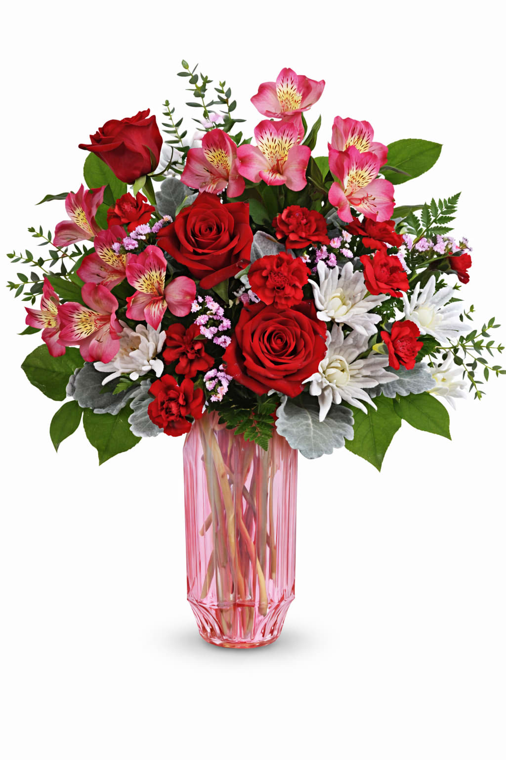 Gorgeous Gem Bouquet - Red &amp; Pink Floral Arrangement in a Pink Glass Vase  This vibrant floral arrangement features a romantic blend of red roses, pink alstroemeria, red carnations, crisp white blooms, and delicate pink accent flowers, all beautifully arranged with lush greenery in a tall pink glass vase. The striking red and soft pink color palette symbolizes love, admiration, and heartfelt emotion, making this design both eye-catching and meaningful.  Perfect for Valentine’s Day, anniversaries, birthdays, or romantic gestures, this mixed flower arrangement adds elegance and warmth to any home or office. Designed by our professional florists using fresh, seasonal blooms, it offers a full, balanced presentation with lasting beauty.  Available for local flower delivery and same-day delivery when available, this red and pink floral arrangement is a thoughtful way to celebrate love and special moments.