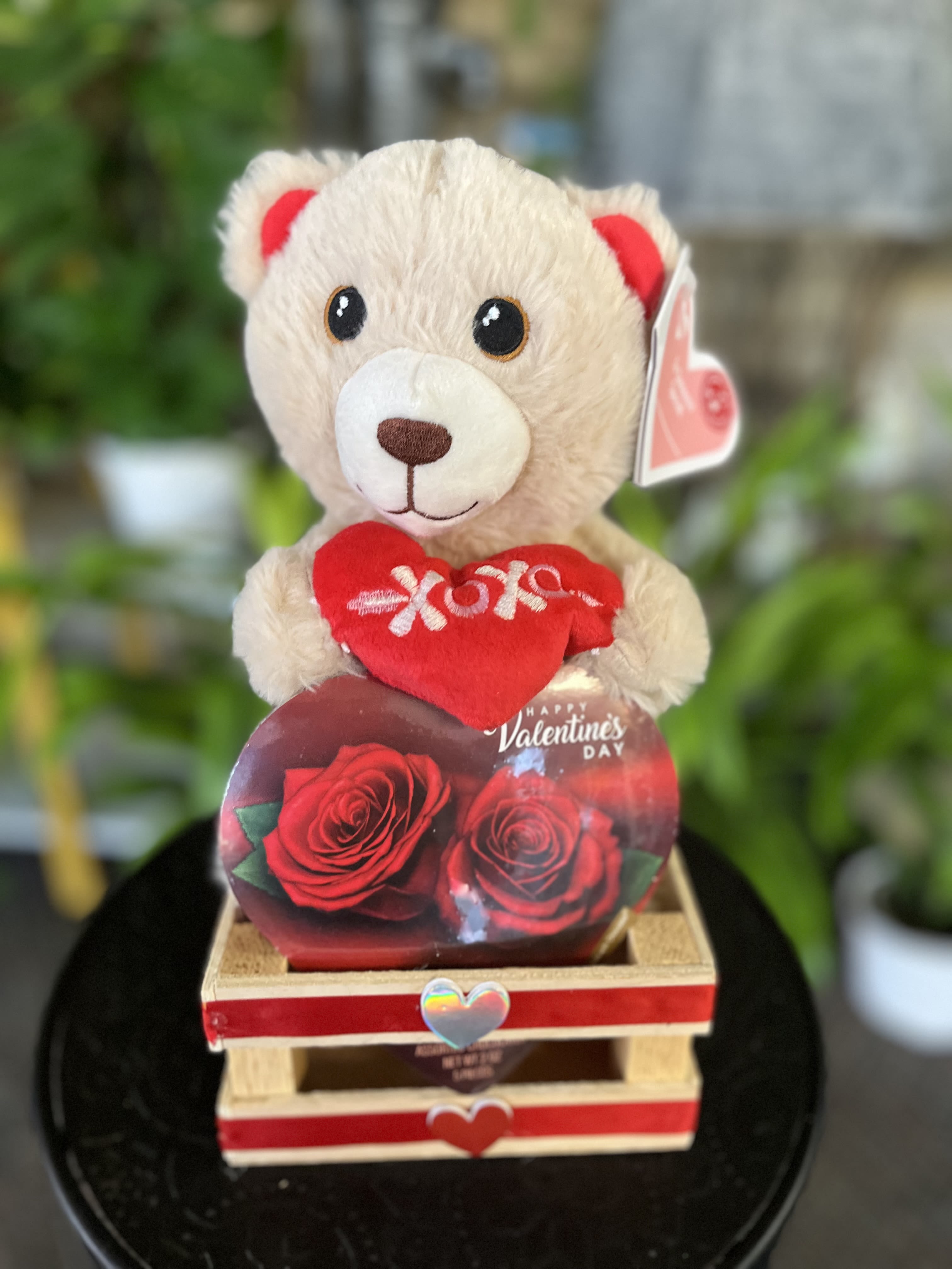 Bear &amp; Chocolate Box  - bear and heart chocolate box wrap in plastic basket 