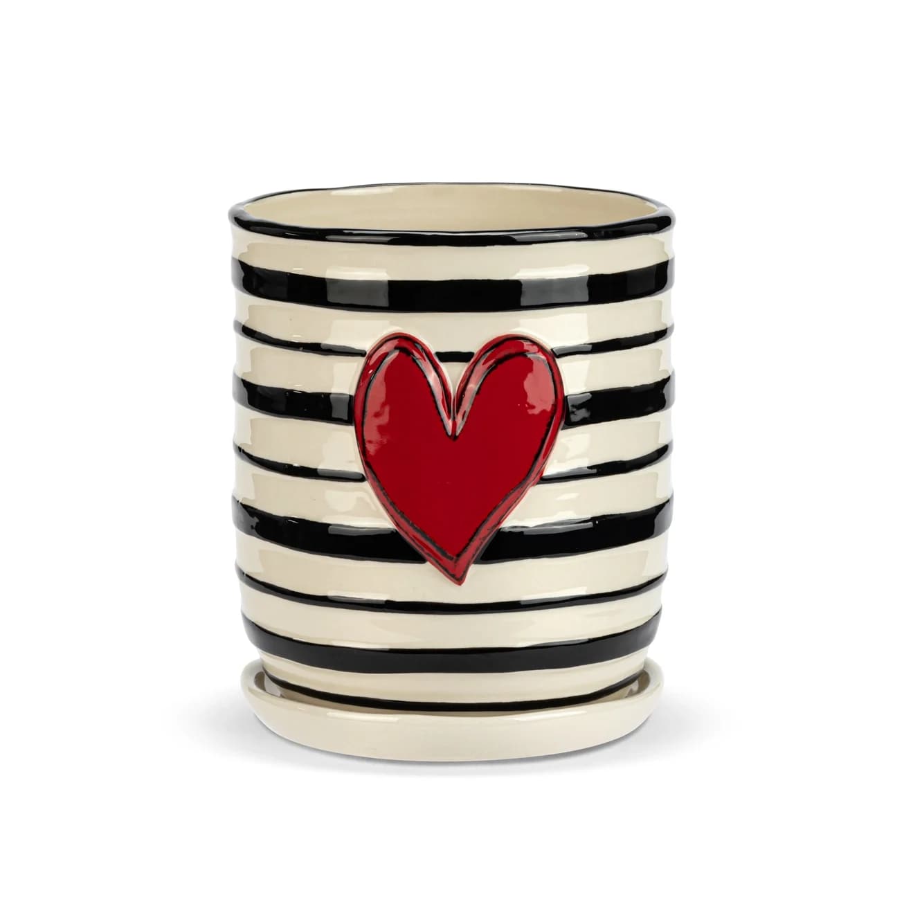 Planter - Stripe Red Heart Ceramic Planter &amp; Saucer - 5x6in - Great for wedding gifts or birthday surprises, the Stripe Red Heart Ceramic Planter &amp; Saucer - 6x7.5in features lighthearted designs that are just plain fun! Weight: 34.99 lb (15.87 kg) Dimensions: 0.9 x 1.3 x 0.6 in (2.3 x 3.4 x 1.5 cm)