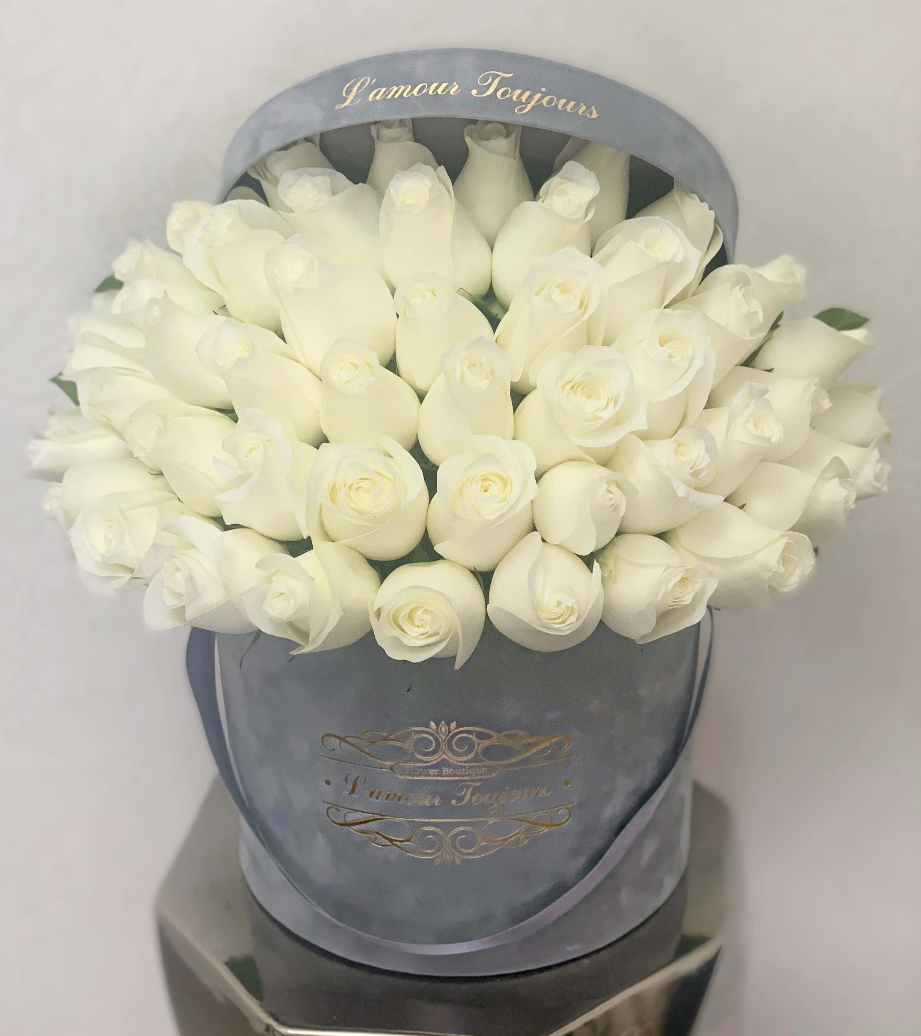 Gray's Velvet Signature Box - Discover premium flowers from L’amour Toujours Flower Boutique—luxury flowers designed to make every occasion unforgettable. Each arrangement features hand-selected  blooms, beautifully arranged in our signature hatbox with a refined gold-foil monogram.  Perfect for birthdays, anniversaries, corporate gifting, or simply expressing love, our premium flower arrangements combine timeless elegance with modern sophistication.   As the ultimate luxury floral gift box, every detail is crafted to impress and delight. Elevate your gifting with fresh, hand-crafted flowers delivered in signature style—because every moment deserves to be remembered.