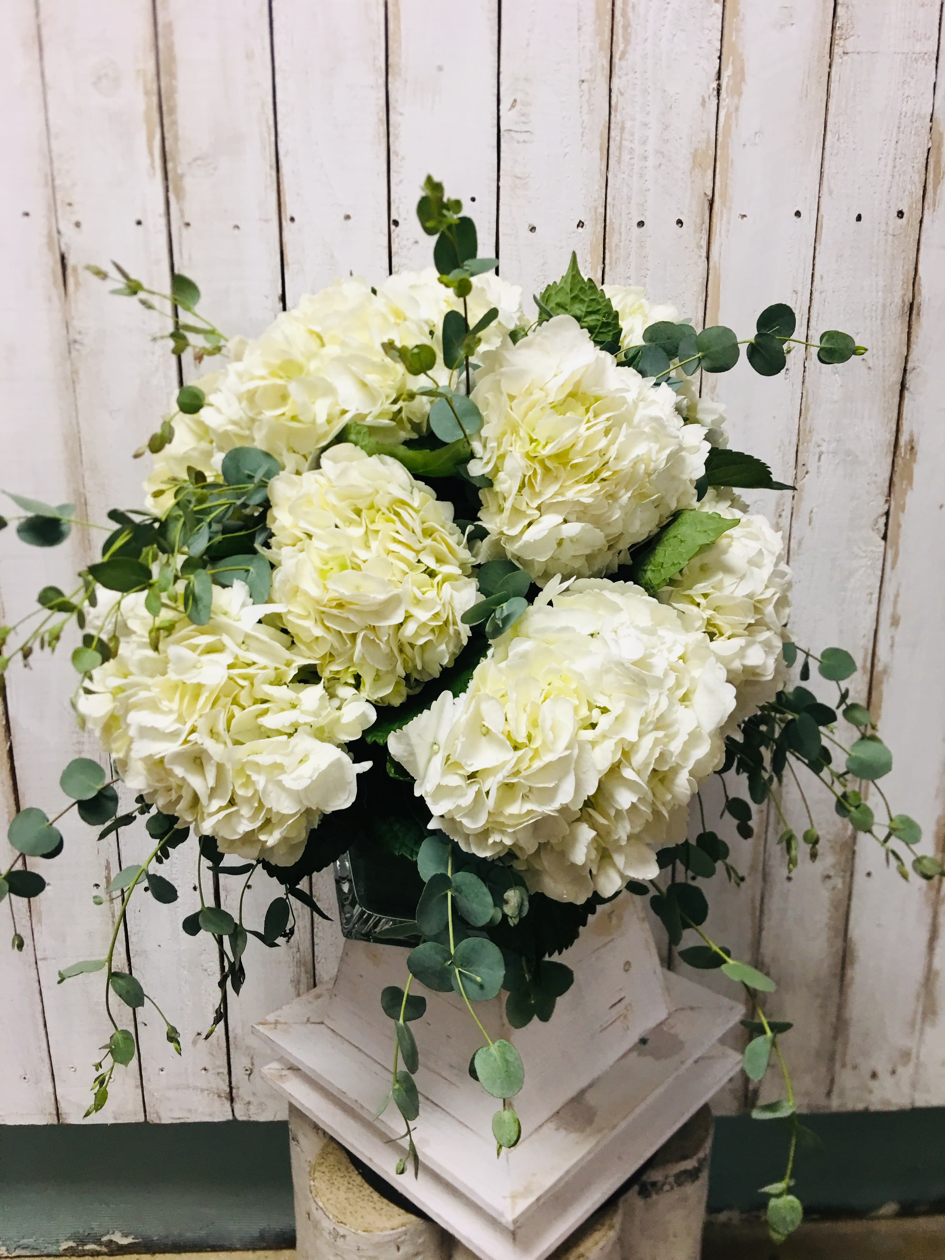 Ageless - Hydrangeas are an Ageless classic. White hydrangeas with a touch of eucalyptus are overflowing in a cube vase, absolutely gorgeous!