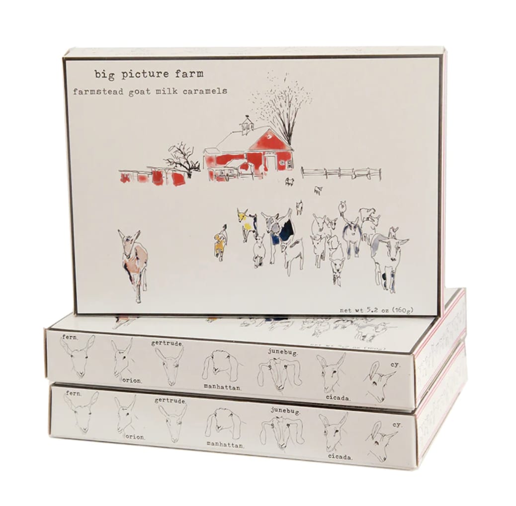 Storyboard Goat Milk Caramel Gift Box - 20 caramels in this new gift box from Big Picture Farm. It took them a long time to make all the drawings come together into what we think is the perfect gift item! Loaded with 20 luscious and cream goat milk caramels in a Classic Mix (5 of each flavor): sea salt and vanilla, cocoa latte, maple cream &amp; chai. Perfect for the one you love this holiday season!