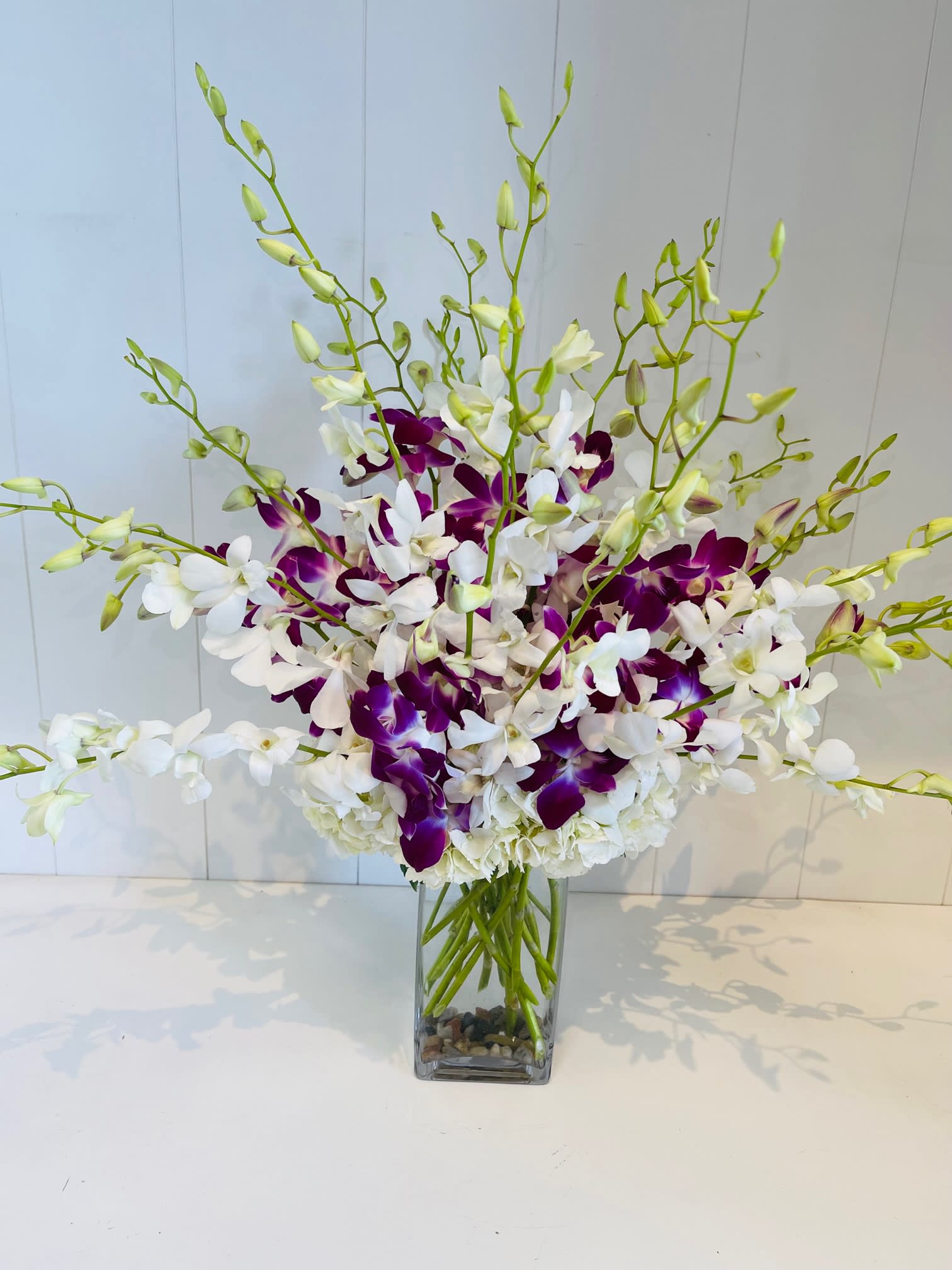 Orchid Breeze  - A sophisticated combination of white and purple dendrobium orchids, artfully arranged in a contemporary cylinder vase. This elegant design exudes modern beauty and refinement, making it a striking choice for any occasion.