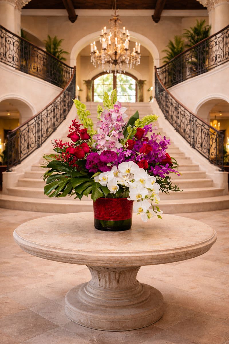 Luxury - Luxury is an  understatement when it comes to this show stopper. Flowers included in this design are Phalaenopsis Orchids, Mokara Orchids, Azema Orchids, Cymbidium Orchids, Roses, Peonies, Bells of Ireland, and tropical Foliage