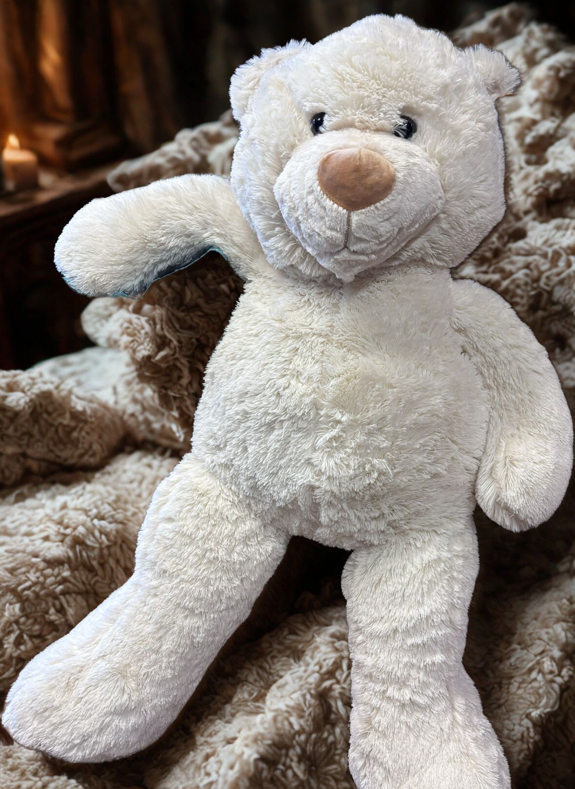 Large Cuddly Valentine's Day Bear (cream) 37" - This big guy has bright cream fur and a kissable nose. Soft and cuddly, stuffed with hypoallergenic fiber fill. This is the largest, fluffiest teddy bear we are offering this holiday. Pairs perfectly with a Valentine's Day floral arrangement.