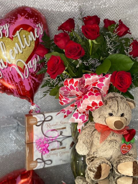 Lovers Special - 1 dozen roses--colors may vary box of chocolates valentines day helium balloon plush bear