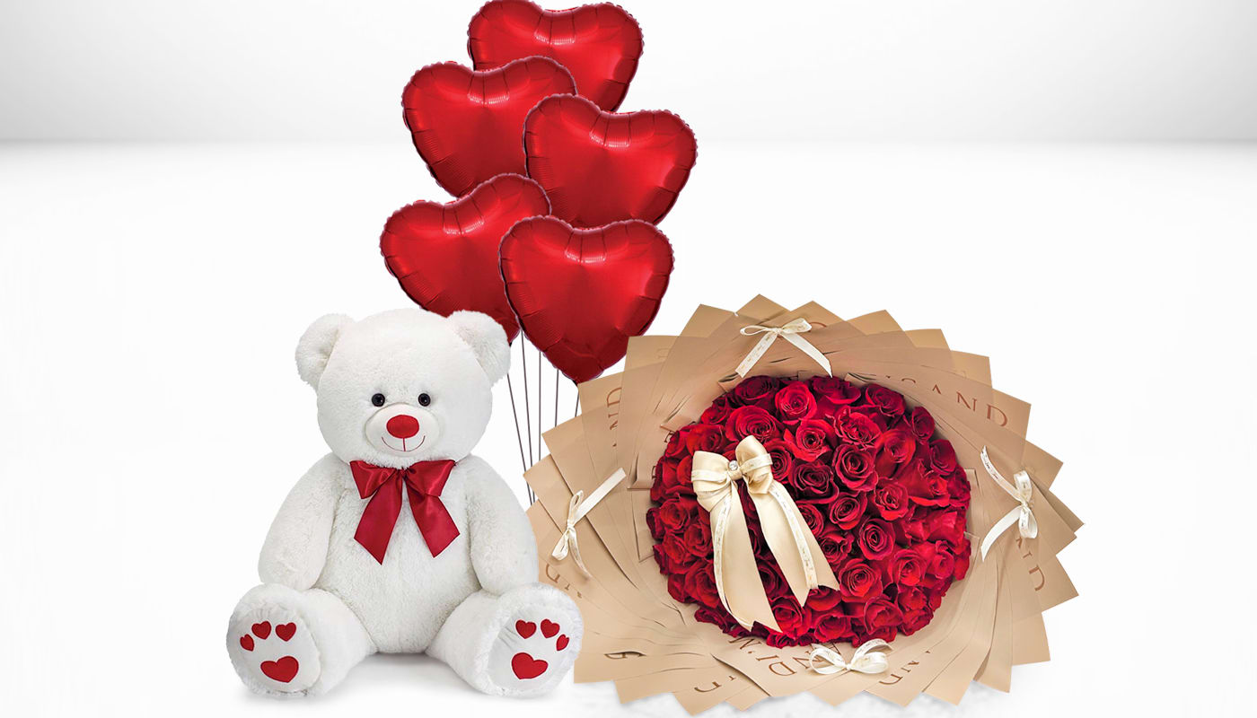Special day Surprise, 50 Red Roses Teddy Bear &amp; Balloons  - 50 Red Roses Standard Price 75 Red Roses Deluxe Price 100 Red Roses Premium Price