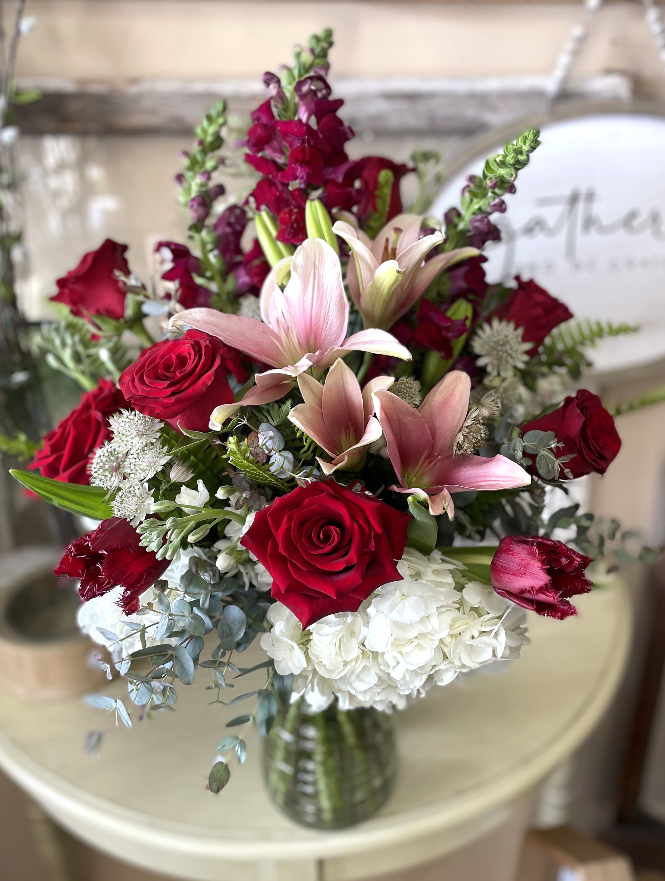 Paris Nights - Beautiful arrangement of rich deep red roses, tulips, lilies, hydrangea and stock