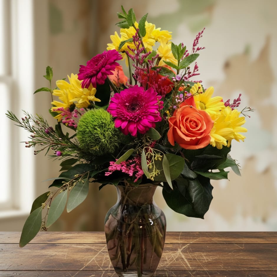Brighten Their Day - Looking for a cheerful and colorful floral gift? Our Brighten Their Day Vase Arrangement is the perfect choice to lift someone’s spirits or celebrate a special occasion. Designed with vibrant hot pink Gerbera daisies, sunny yellow daisies, and bold orange roses, this arrangement is full of joy and warmth. It's a wonderful way to say happy birthday, get well soon, or simply thinking of you.  This medium-sized vase is ideal for displaying on a kitchen counter, dining table, or office desk, bringing beauty and brightness to any space.  At Specialty Floral Design, we specialize in creating one-of-a-kind flower arrangements for all occasions. Each bouquet is thoughtfully handcrafted in our Olympia, WA, floral studio using the freshest seasonal blooms. Specialty Floral Design proudly offers reliable flower delivery throughout Olympia, WA, Tumwater, WA, Lacey, WA, and the surrounding areas. As a local florist in Olympia, WA, we create each bouquet with care and attention to detail, ensuring fresh, beautiful flowers for every occasion. We offer same-day flower delivery when available, making it easy to send a thoughtful gift at just the right moment. Whether you’re celebrating, expressing sympathy, or simply brightening someone’s day, you can count on Specialty Floral Design for professional flower delivery and one-of-a-kind floral designs crafted locally.  Send a gift that speaks volumes with this joyful vase arrangement from your local Olympia florist, Specialty Floral Design.  