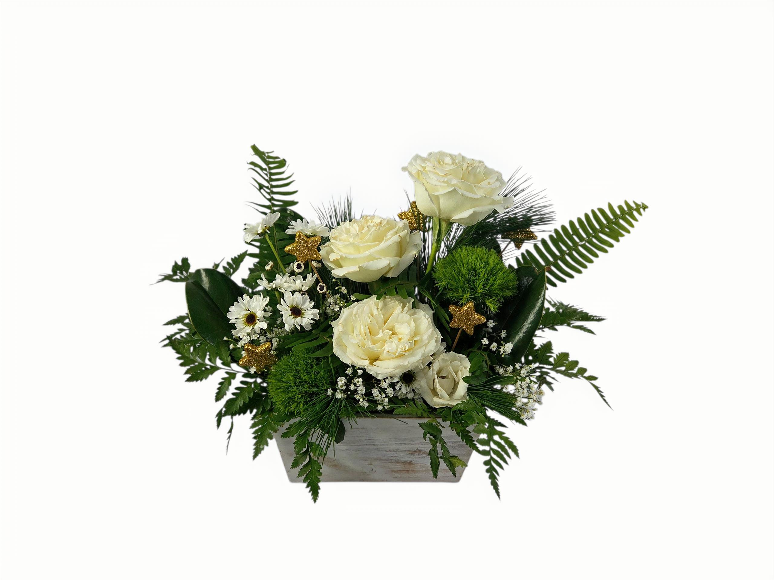 Fresh Start - Start fresh! Whether it's the new year, new baby, new job, new goals, or new a house, this crisp clean floral arrangement of greens with purifying white roses and fillers will and a new look to your space. 